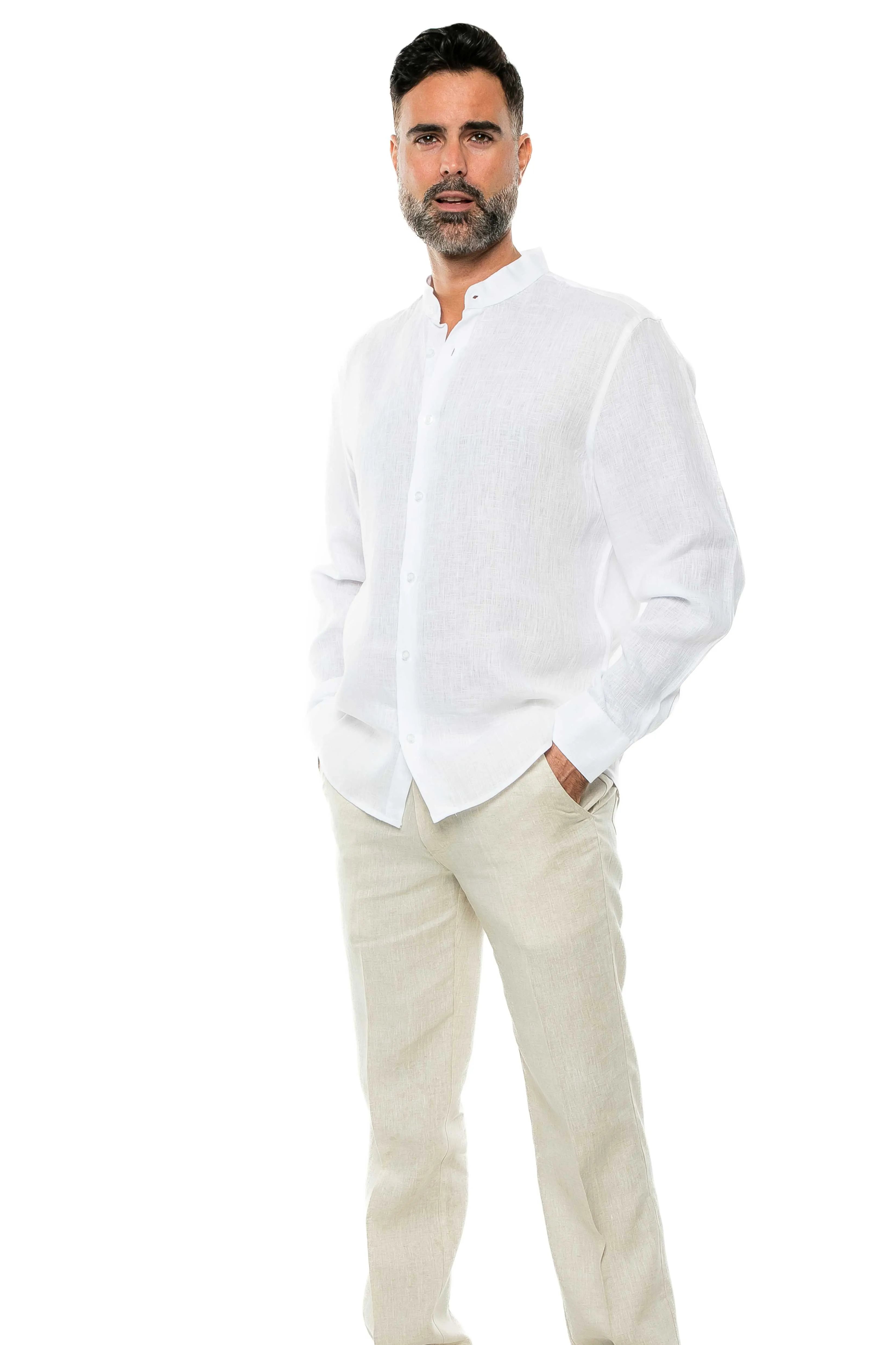 100% Linen Yarn Dyed Mandarin Collar Long Sleeve Shirt