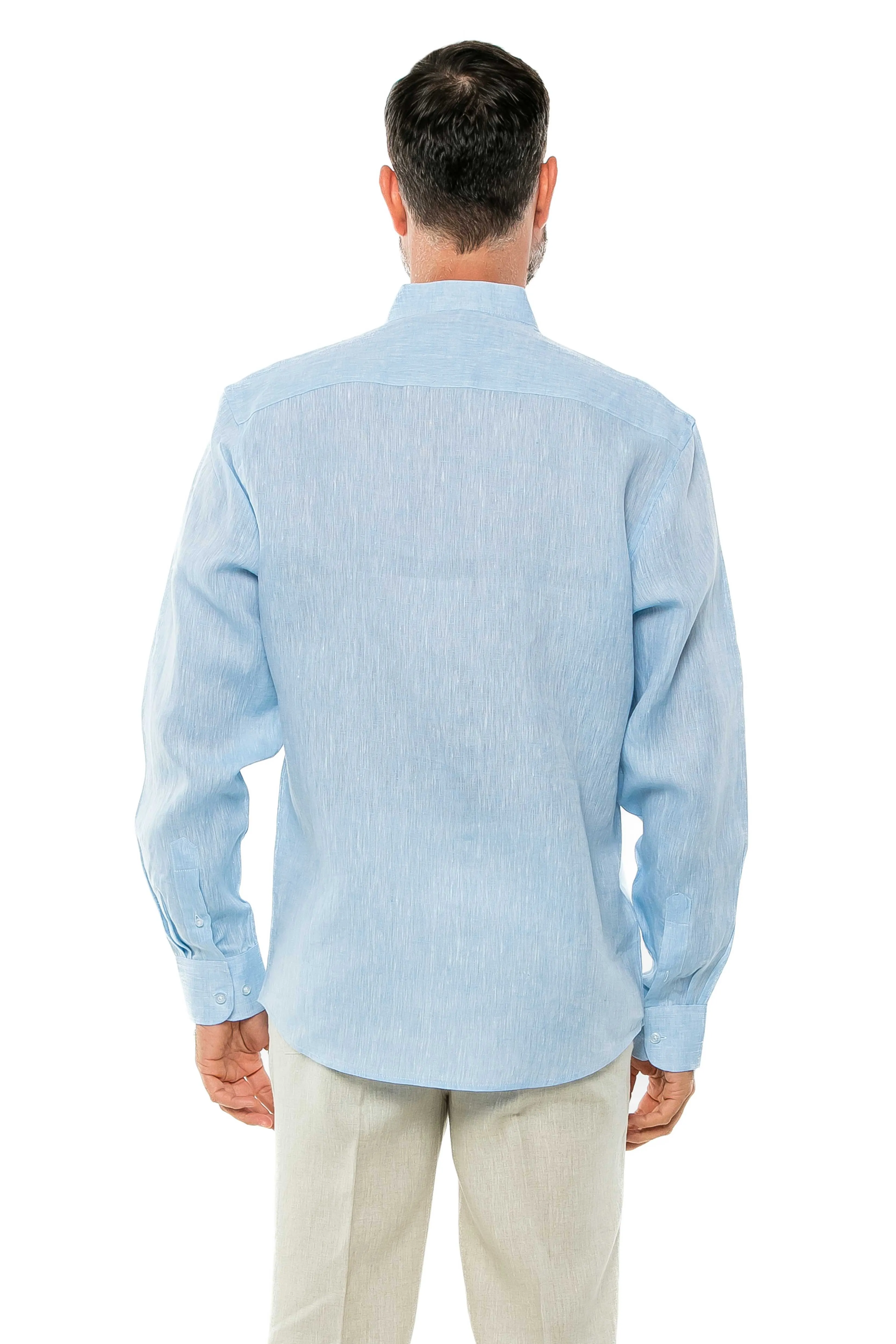 100% Linen Yarn Dyed Mandarin Collar Long Sleeve Shirt