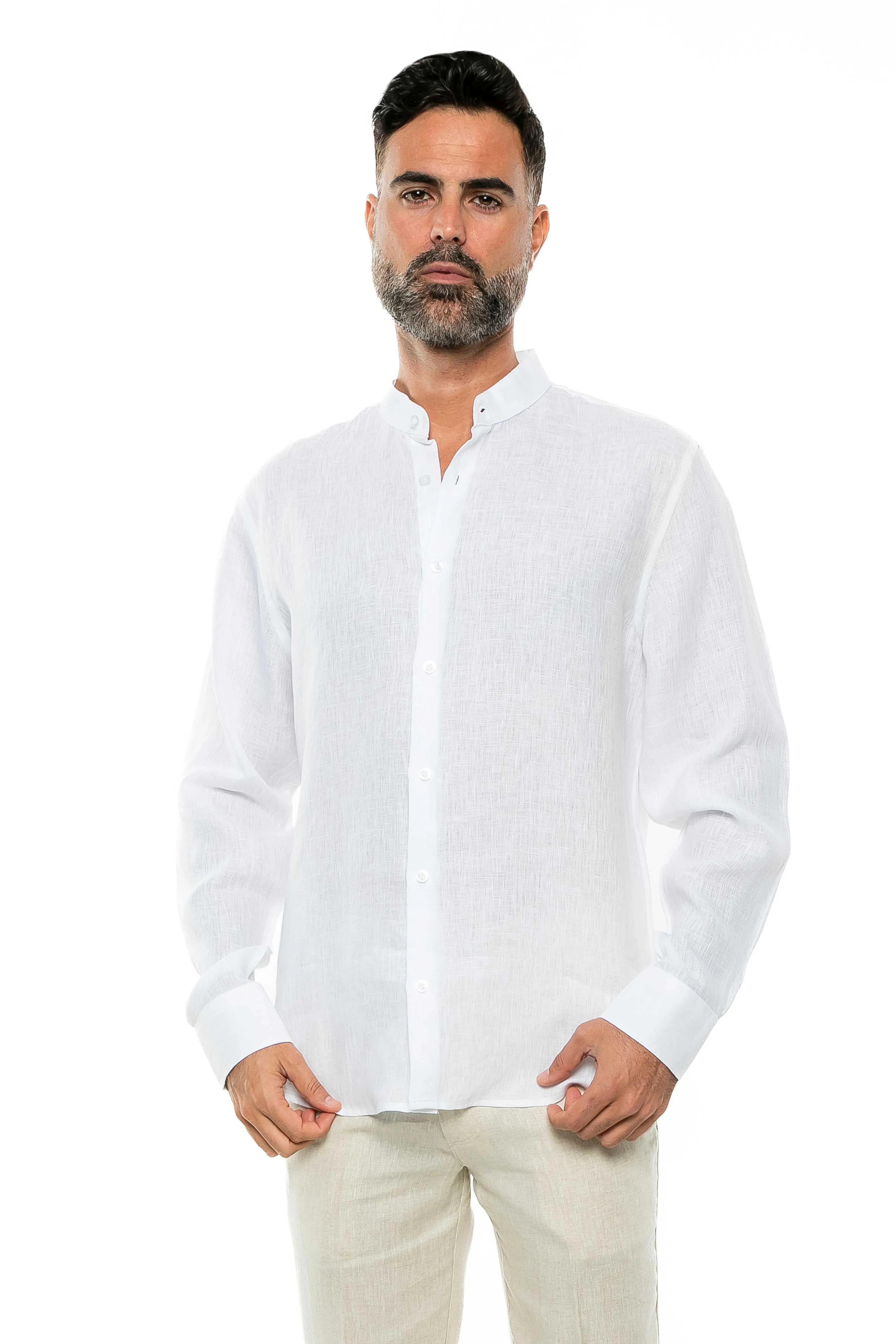 100% Linen Yarn Dyed Mandarin Collar Long Sleeve Shirt