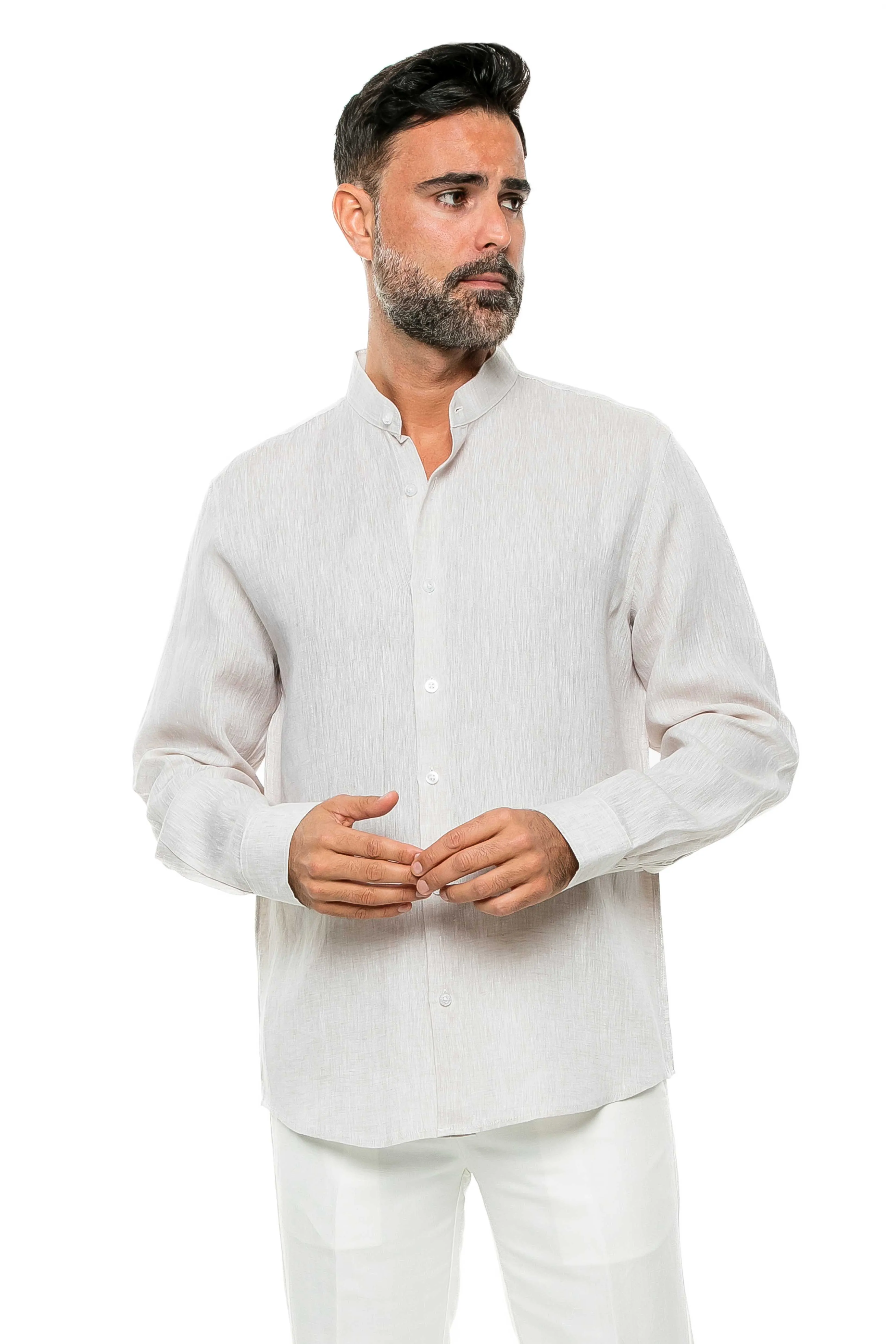 100% Linen Yarn Dyed Mandarin Collar Long Sleeve Shirt