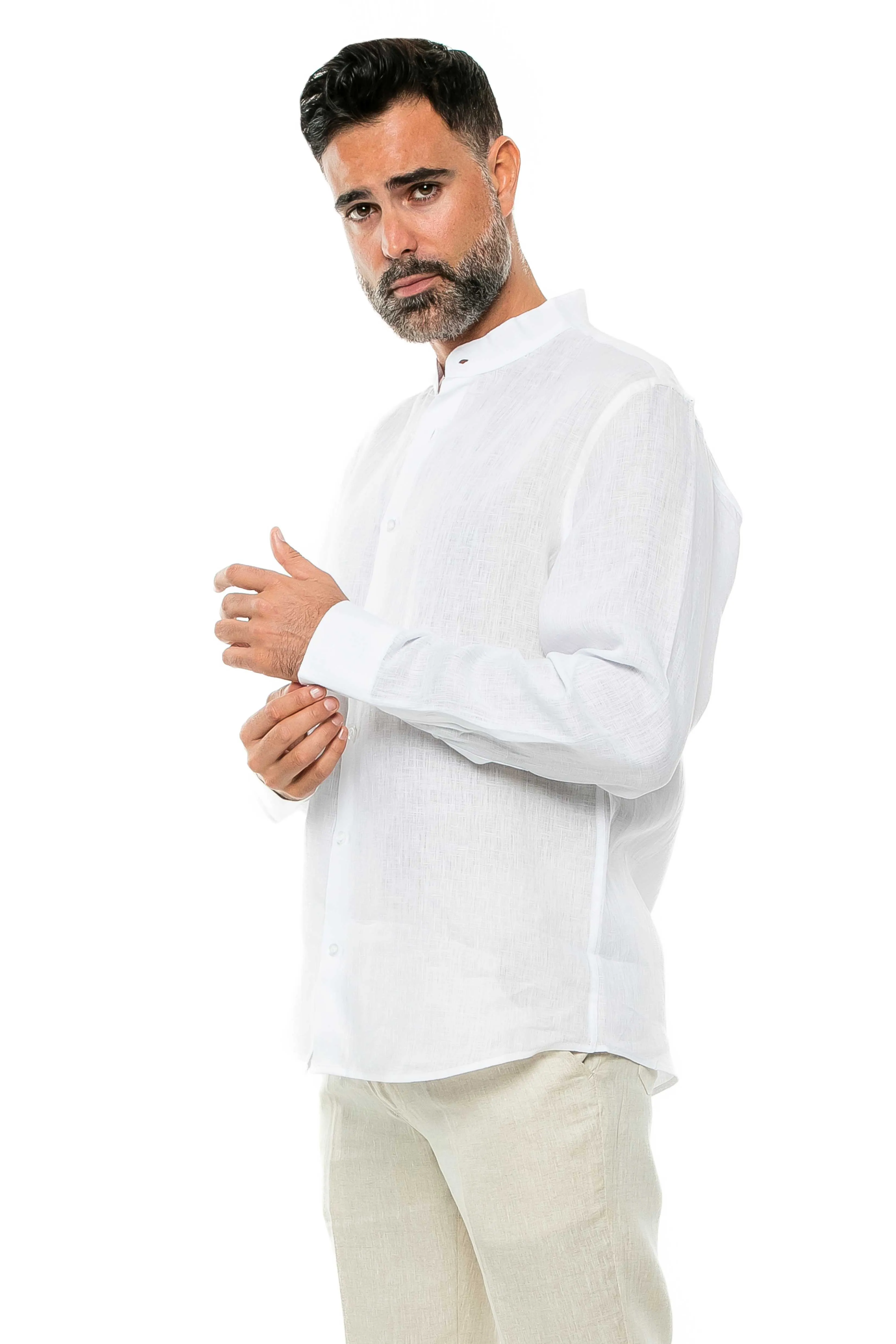 100% Linen Yarn Dyed Mandarin Collar Long Sleeve Shirt