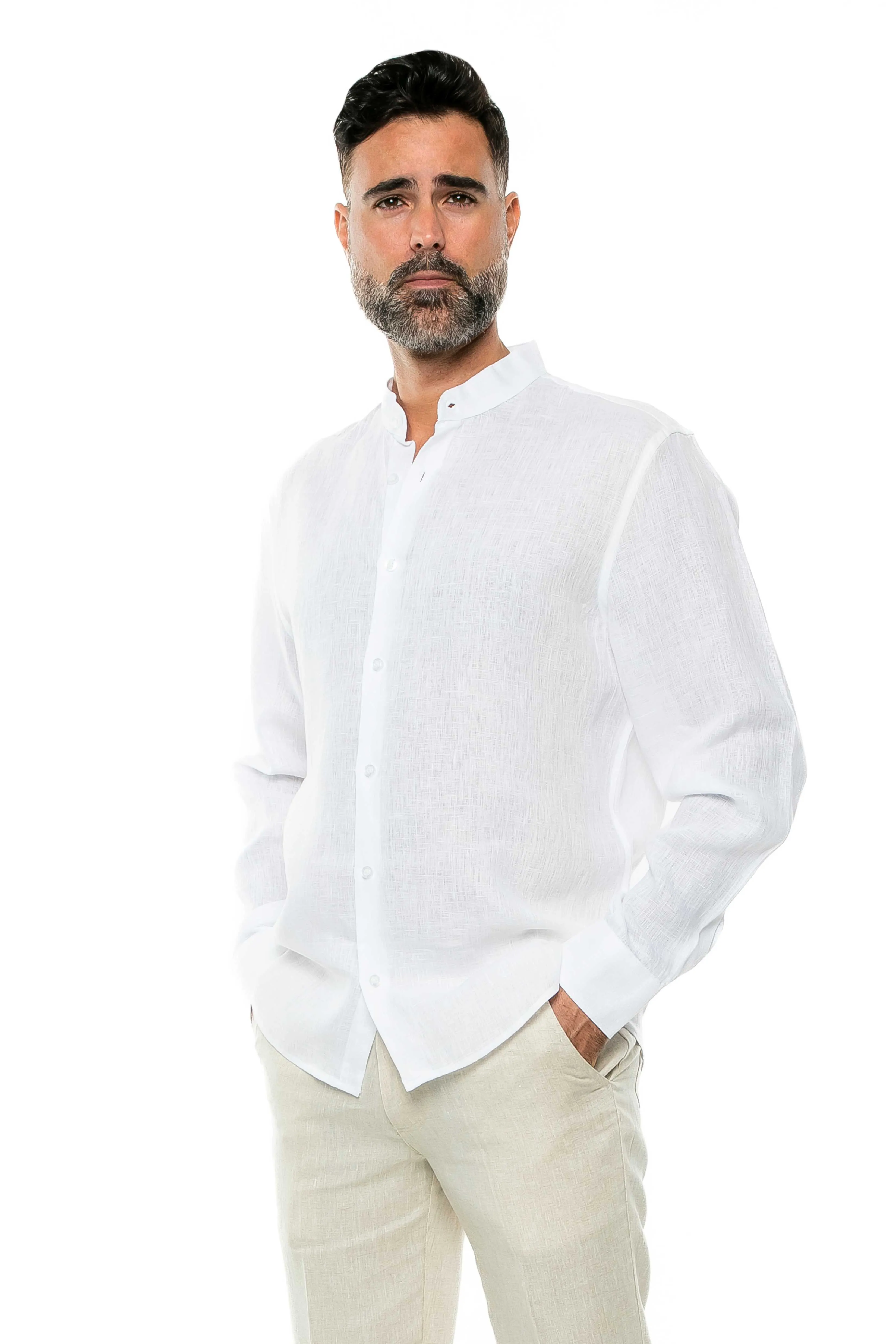 100% Linen Yarn Dyed Mandarin Collar Long Sleeve Shirt