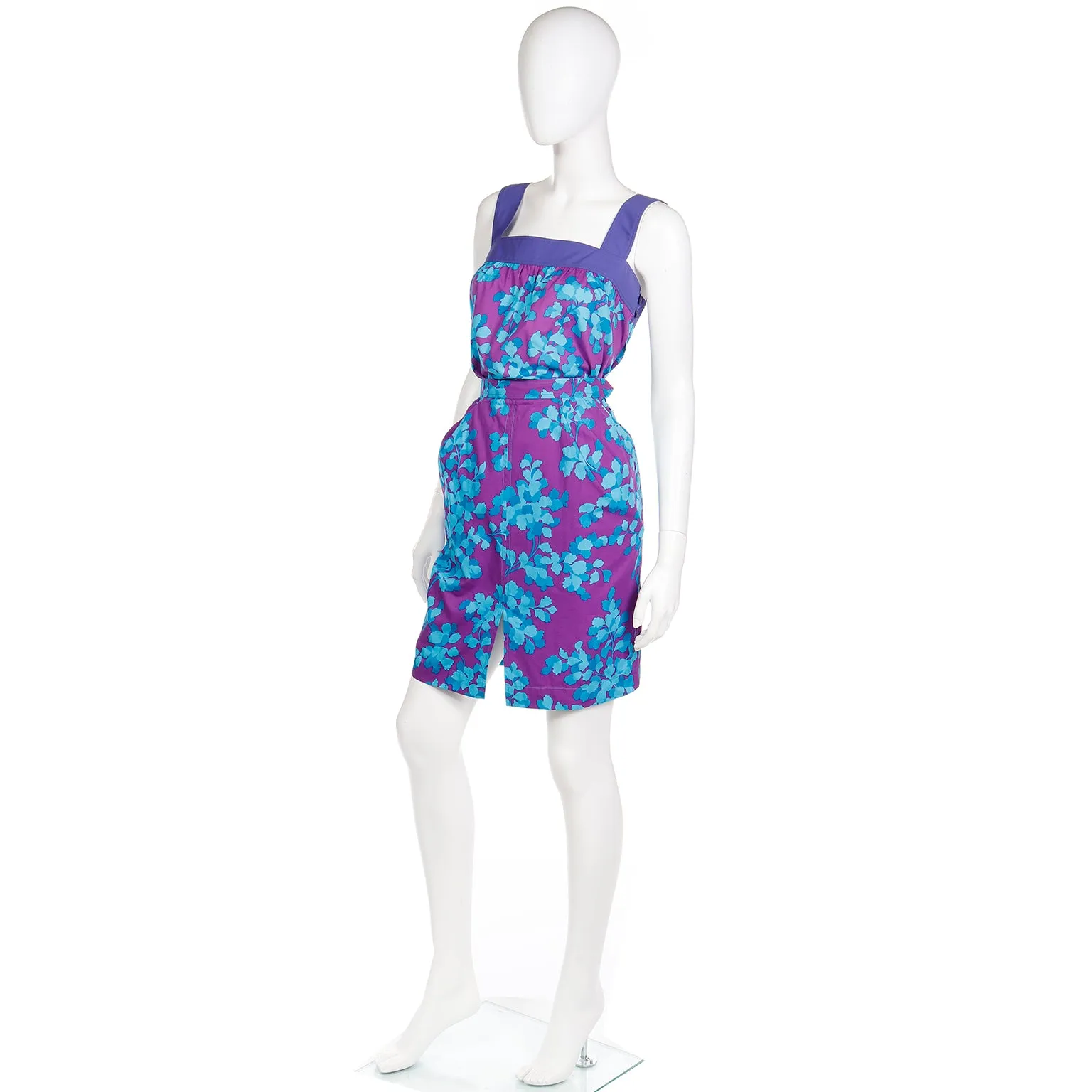 1980s Yves Saint Laurent Vintage 2 Pc Dress in Purple & Blue Floral Print