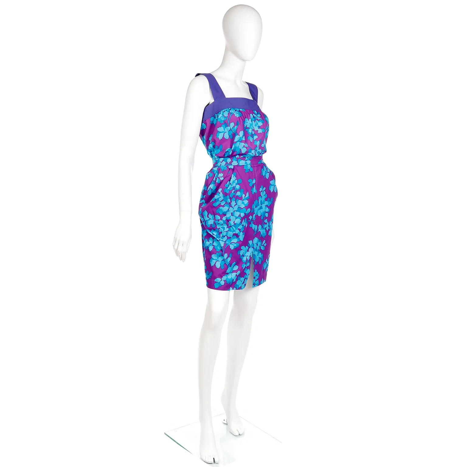 1980s Yves Saint Laurent Vintage 2 Pc Dress in Purple & Blue Floral Print