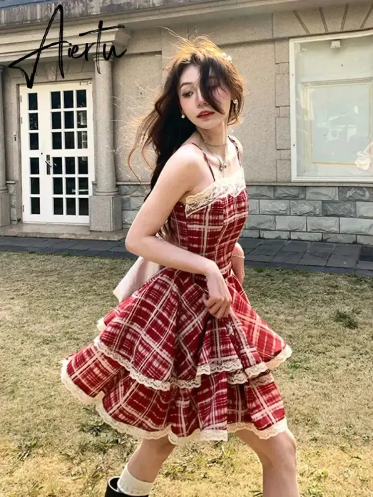 Aiertu Summer Dresses Red Plaid Suspender Sweet Spicy Girl  A-line Cake Puffy Short Skirt Formal Occasion De Noche Dress for Women