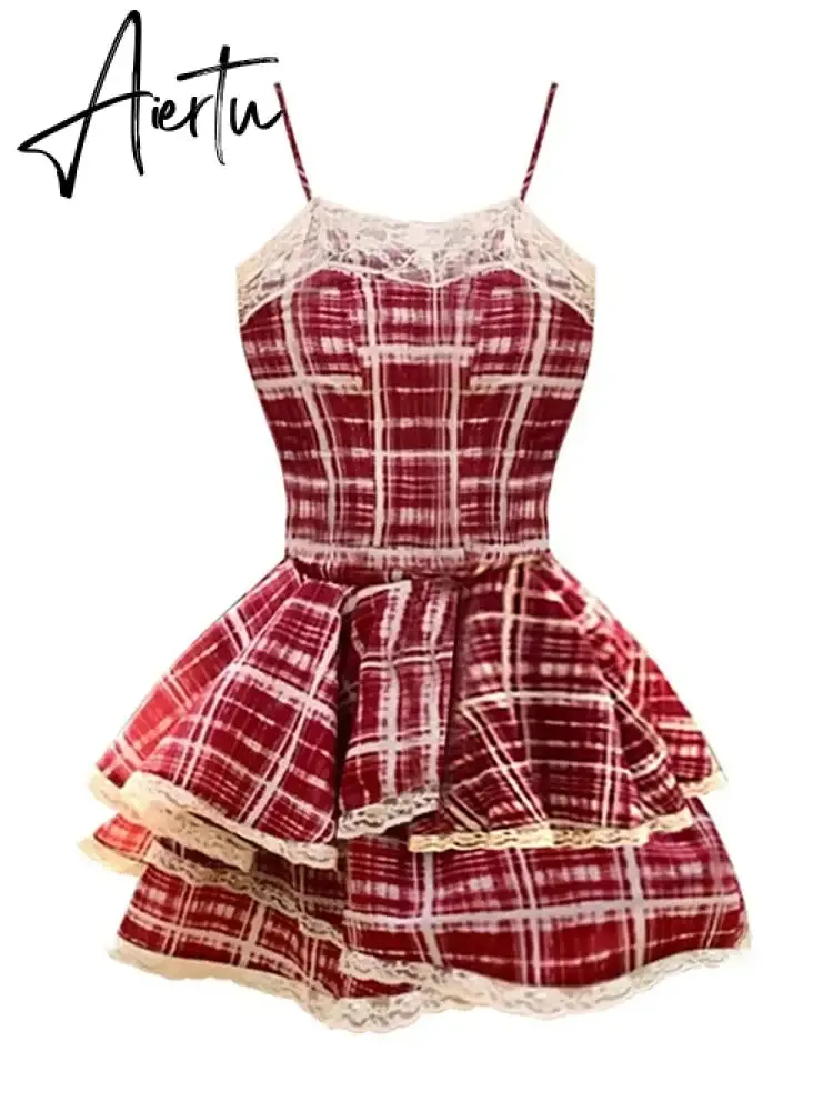 Aiertu Summer Dresses Red Plaid Suspender Sweet Spicy Girl  A-line Cake Puffy Short Skirt Formal Occasion De Noche Dress for Women