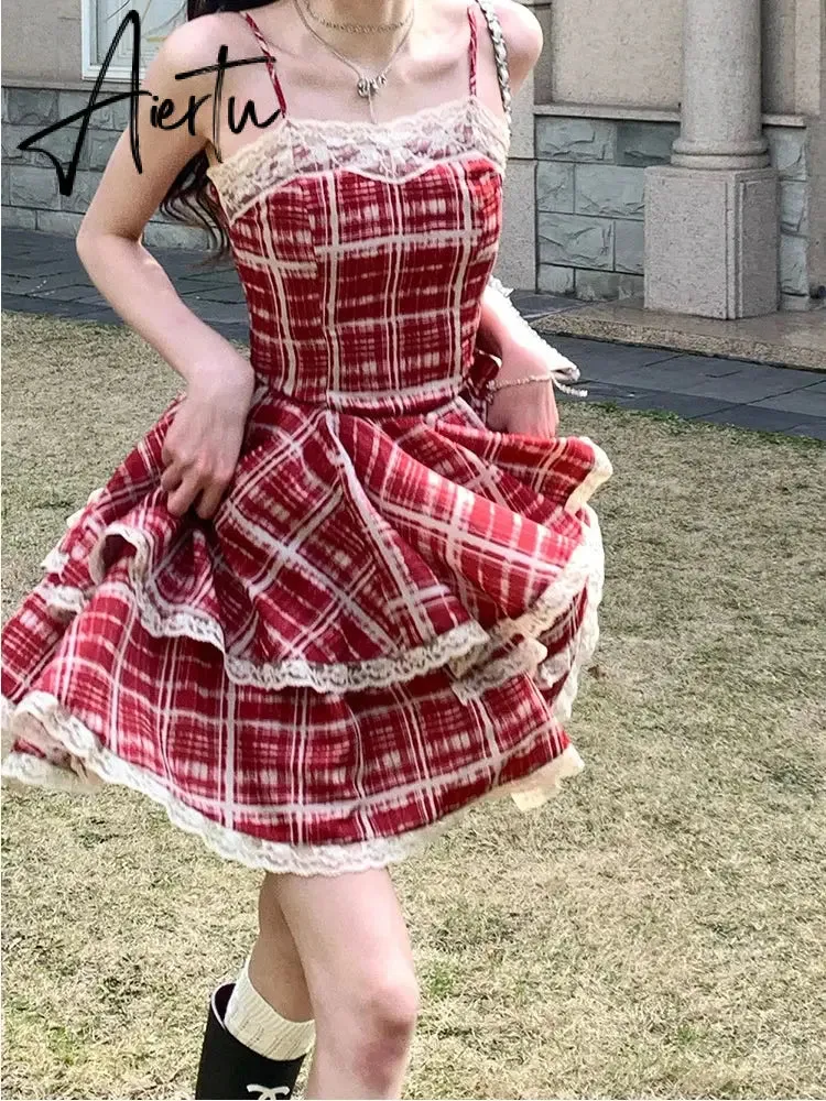 Aiertu Summer Dresses Red Plaid Suspender Sweet Spicy Girl  A-line Cake Puffy Short Skirt Formal Occasion De Noche Dress for Women