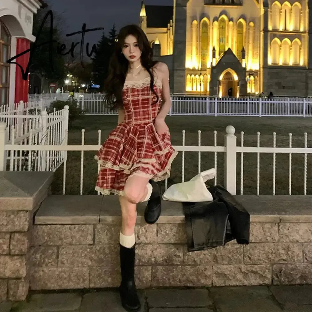 Aiertu Summer Dresses Red Plaid Suspender Sweet Spicy Girl  A-line Cake Puffy Short Skirt Formal Occasion De Noche Dress for Women