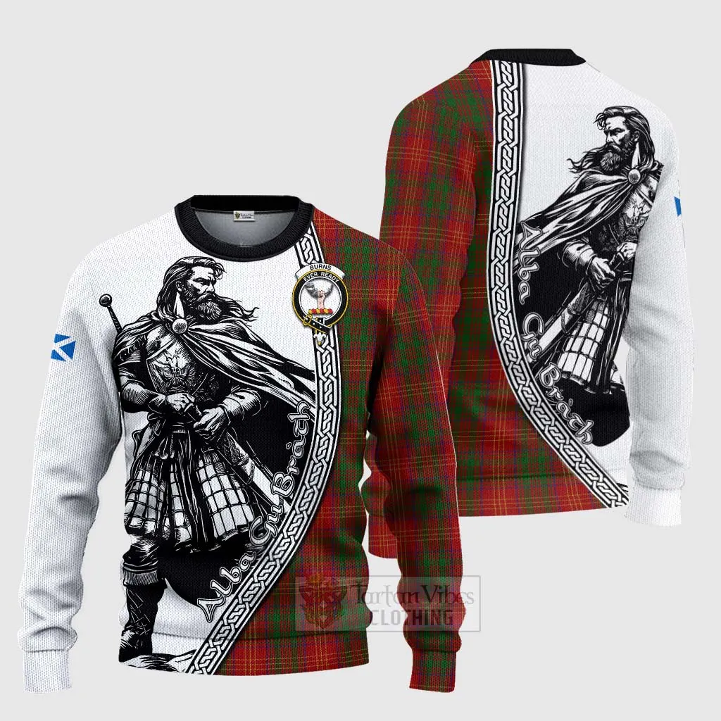 Burns Tartan Clan Crest Knitted Sweater with Highlander Warrior Celtic Style