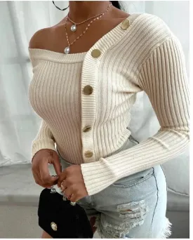 Button detail off the shoulder knitted sweater top