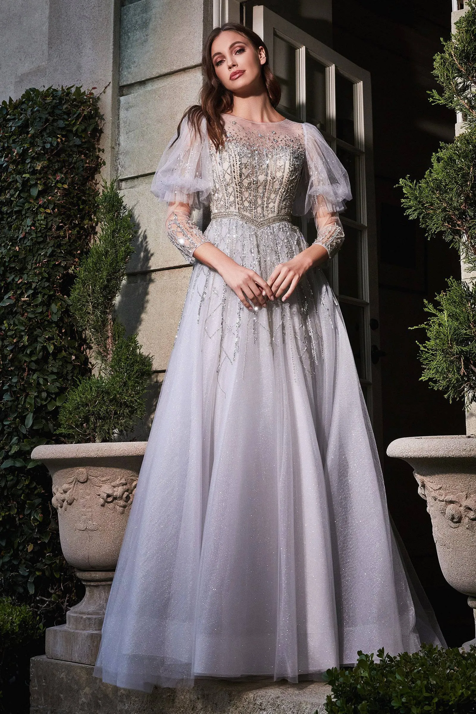 Cinderella Divine B707 Ladivine Puff Sleeve Beaded Jewel Ball Gown