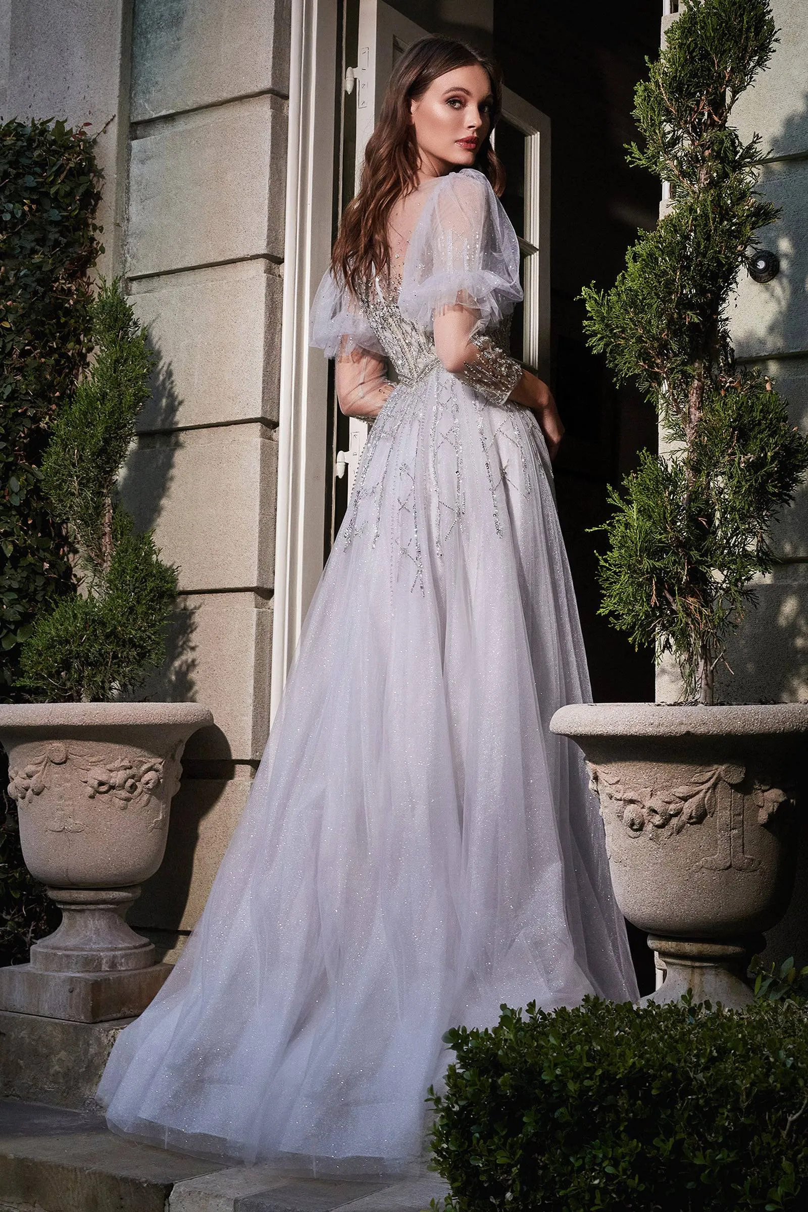 Cinderella Divine B707 Ladivine Puff Sleeve Beaded Jewel Ball Gown