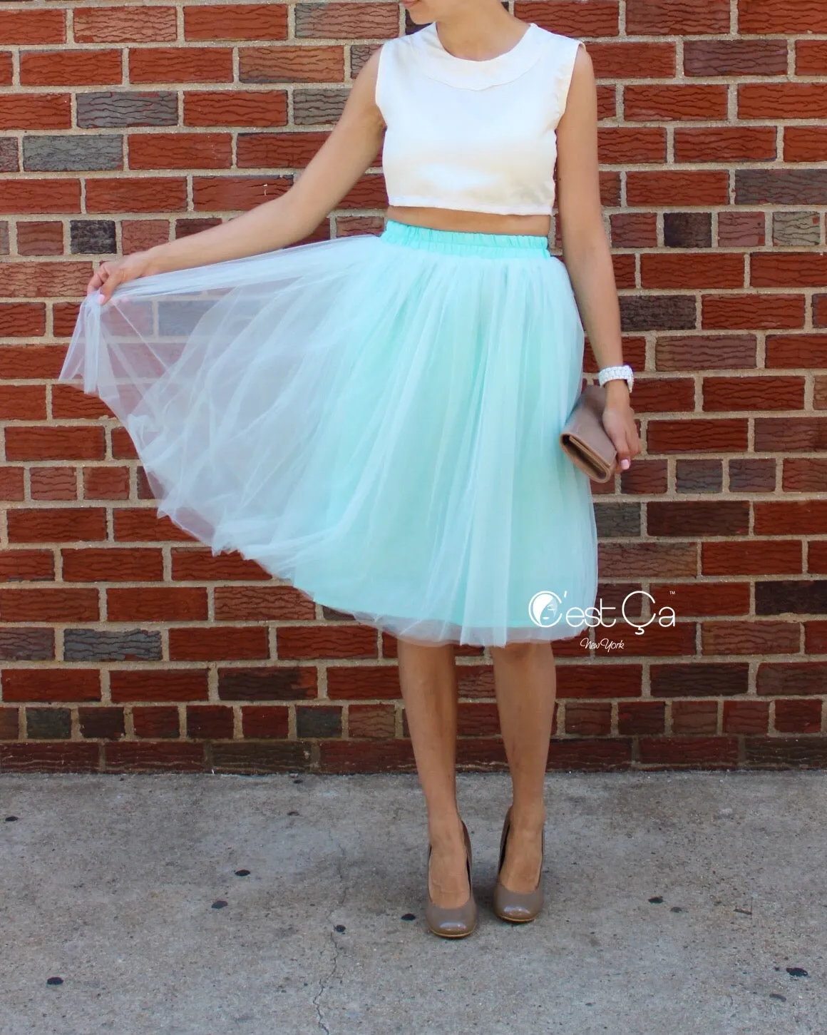 Claire Mint Green Soft Tulle Skirt - Below Knee Midi