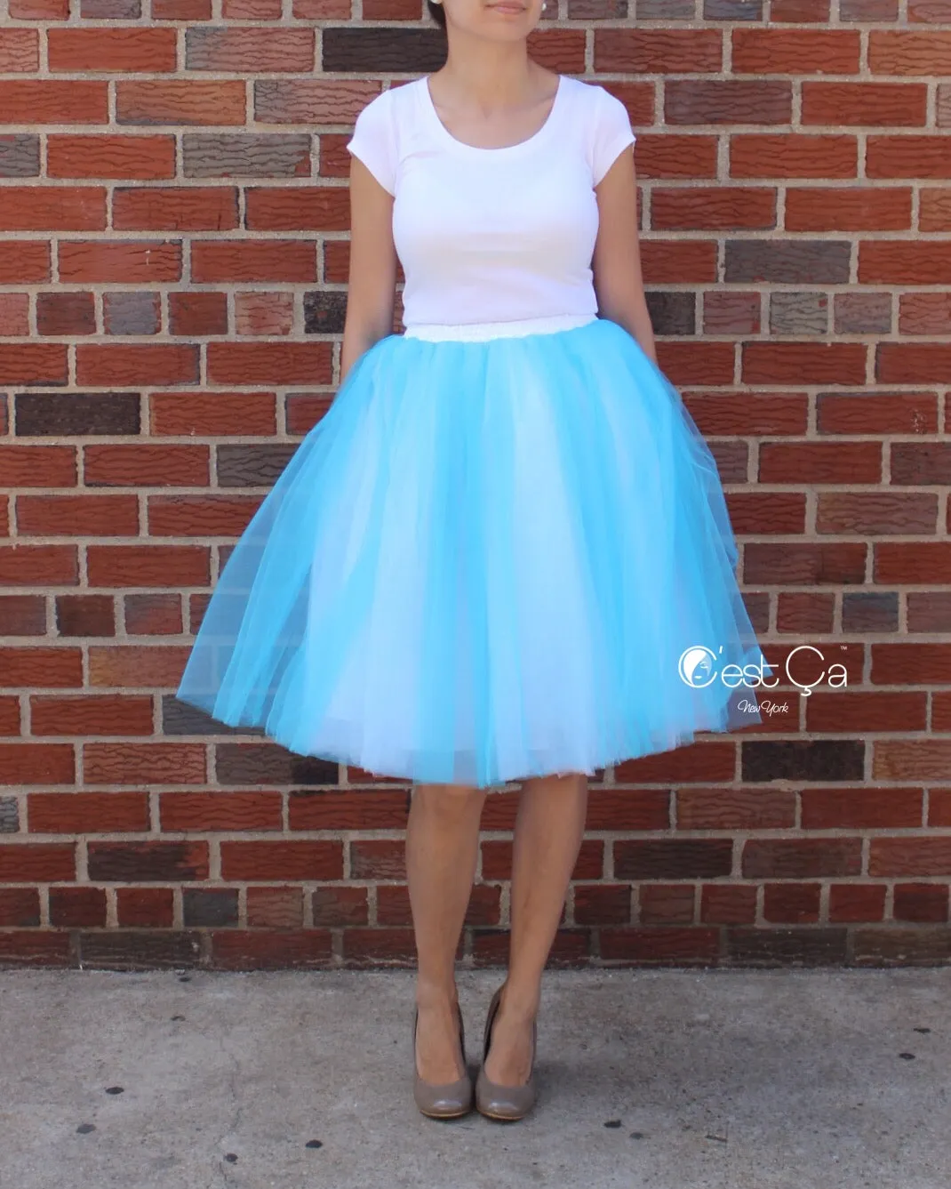 Clarisa Ombré Tulle Skirt - White & Aqua Blue, Midi