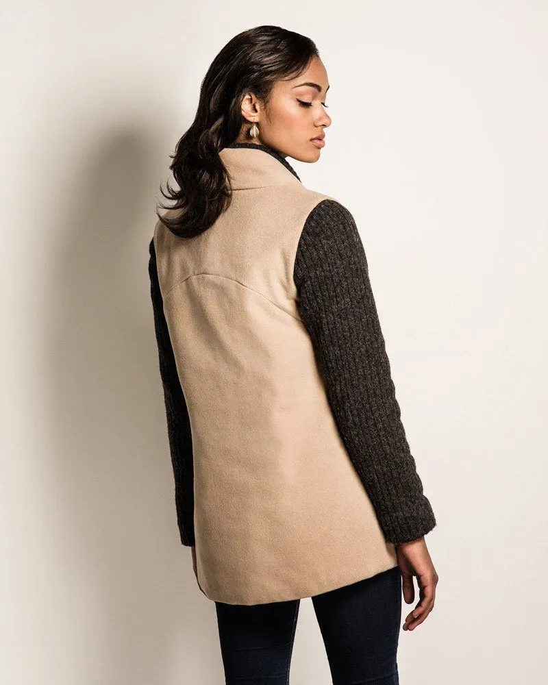 Coat Check | Tan Wool Car Coat with Charcoal Knit Sleeves