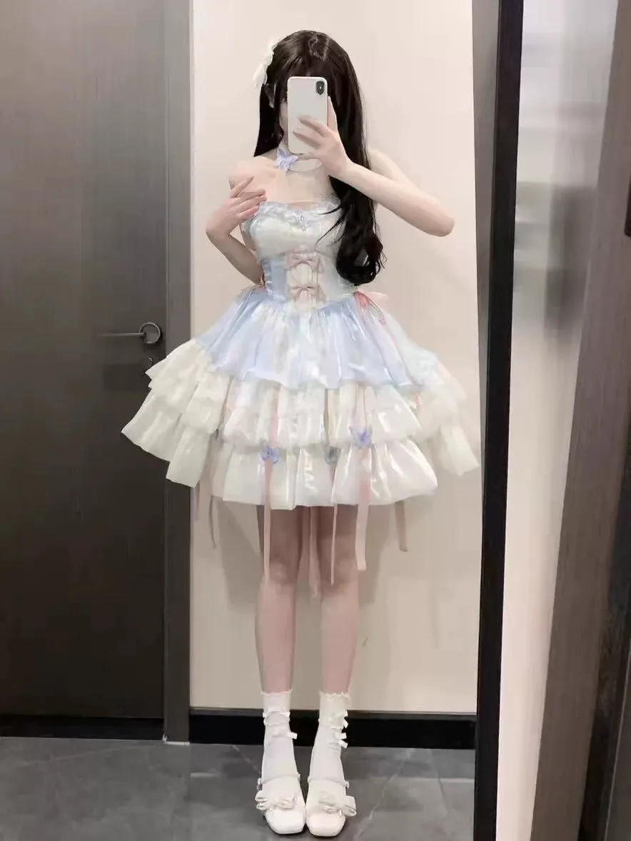 Covenant Kawaii Lolita Fairy Apricot Blue Halterneck Princess Puffy Dress