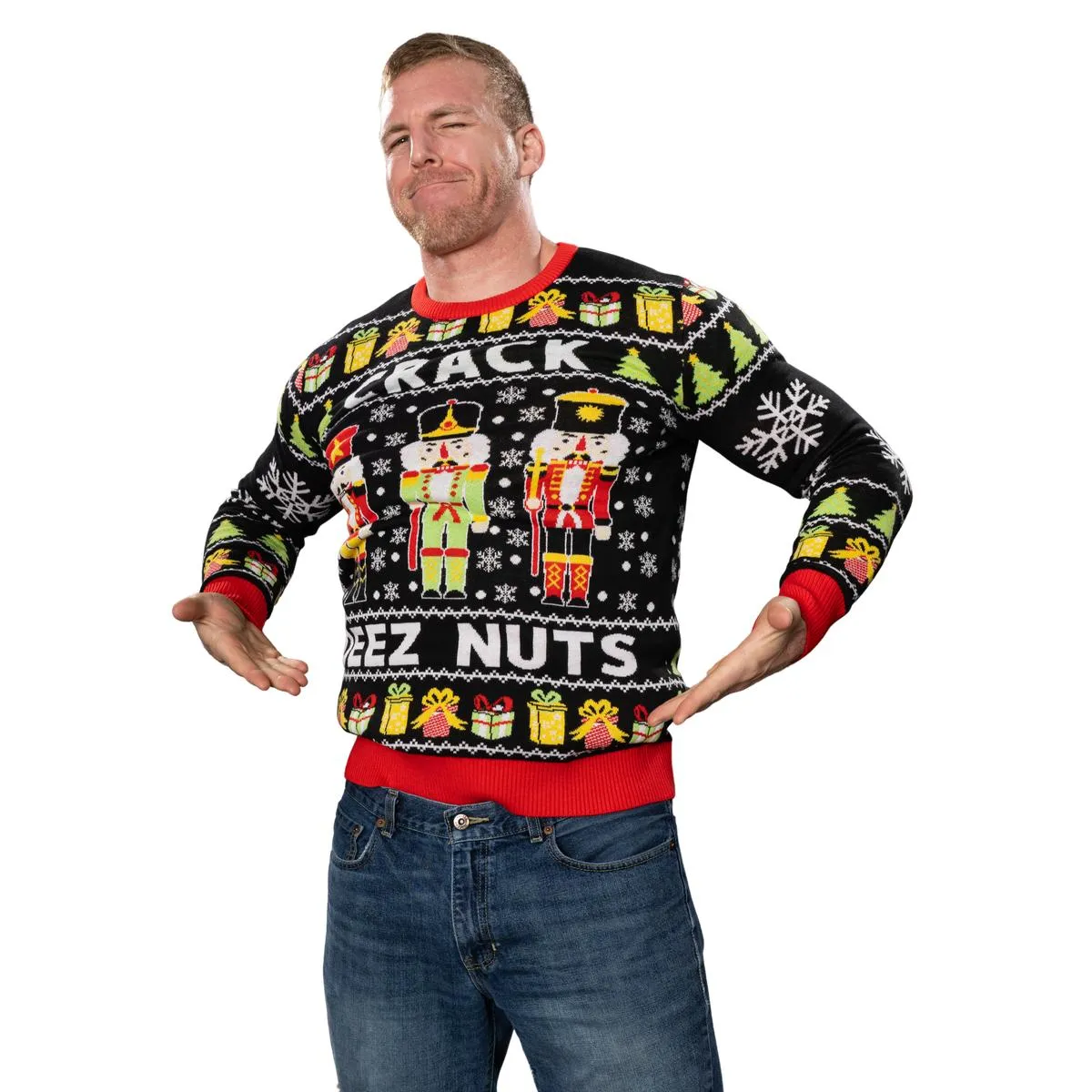 Crack Deez Nuts Nutcracker Santa Knitted Ugly Christmas Sweater