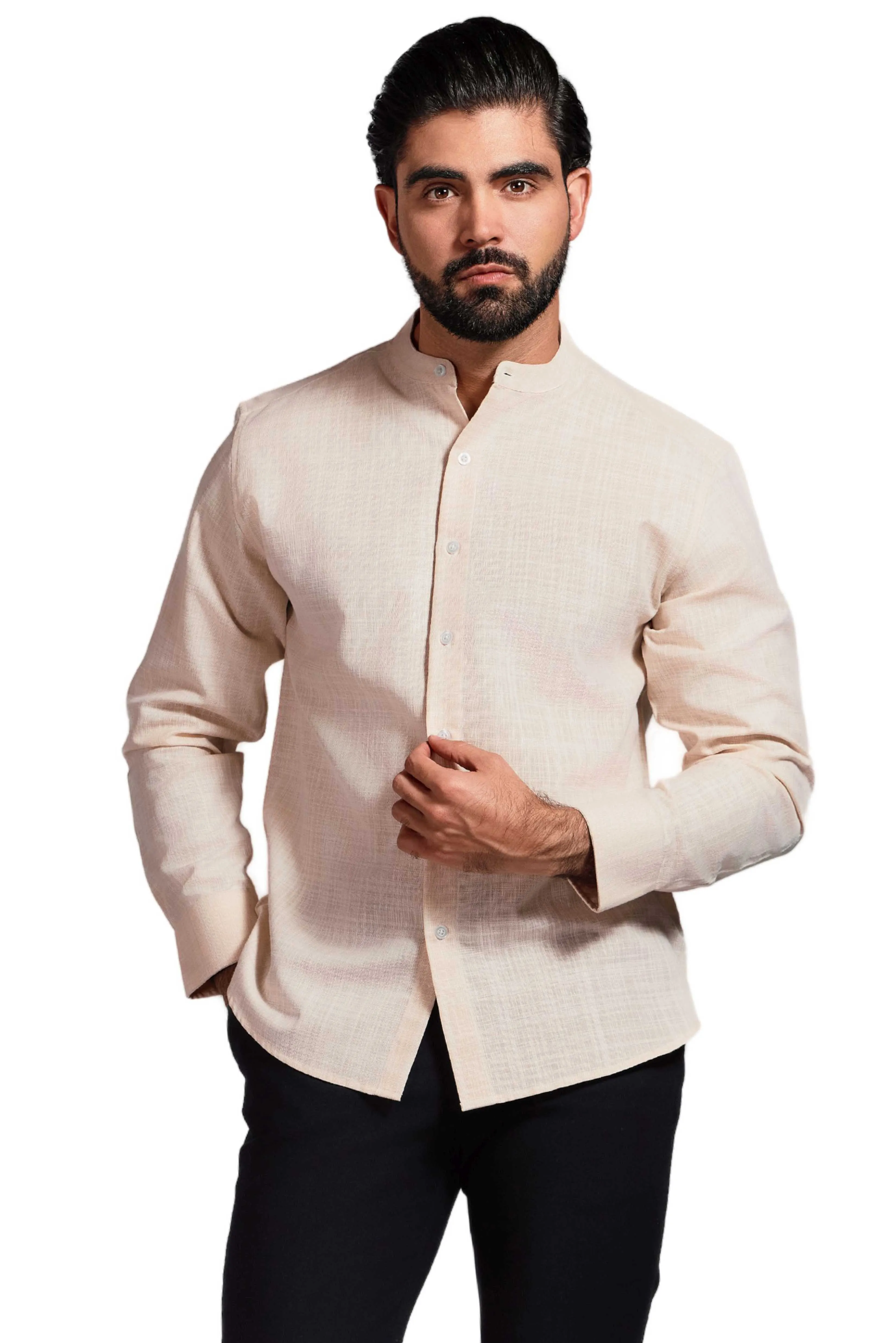 Cross Hatch  Linen Blend Mandarin Collar Long Sleeve Shirt