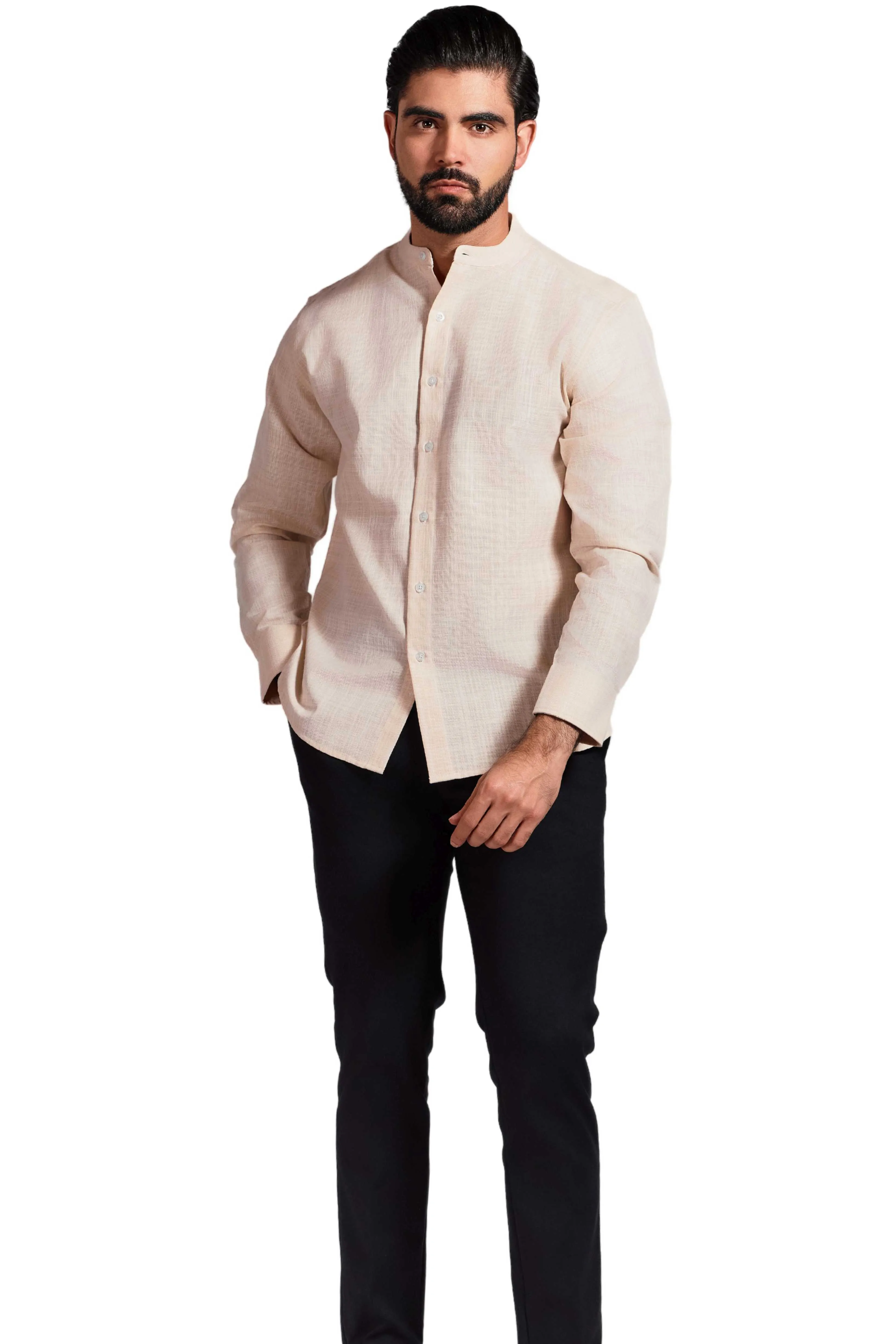 Cross Hatch  Linen Blend Mandarin Collar Long Sleeve Shirt