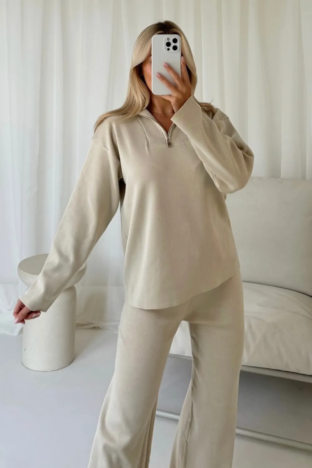 Demi cream 3/4 zip sweater straight leg knitted loungewear