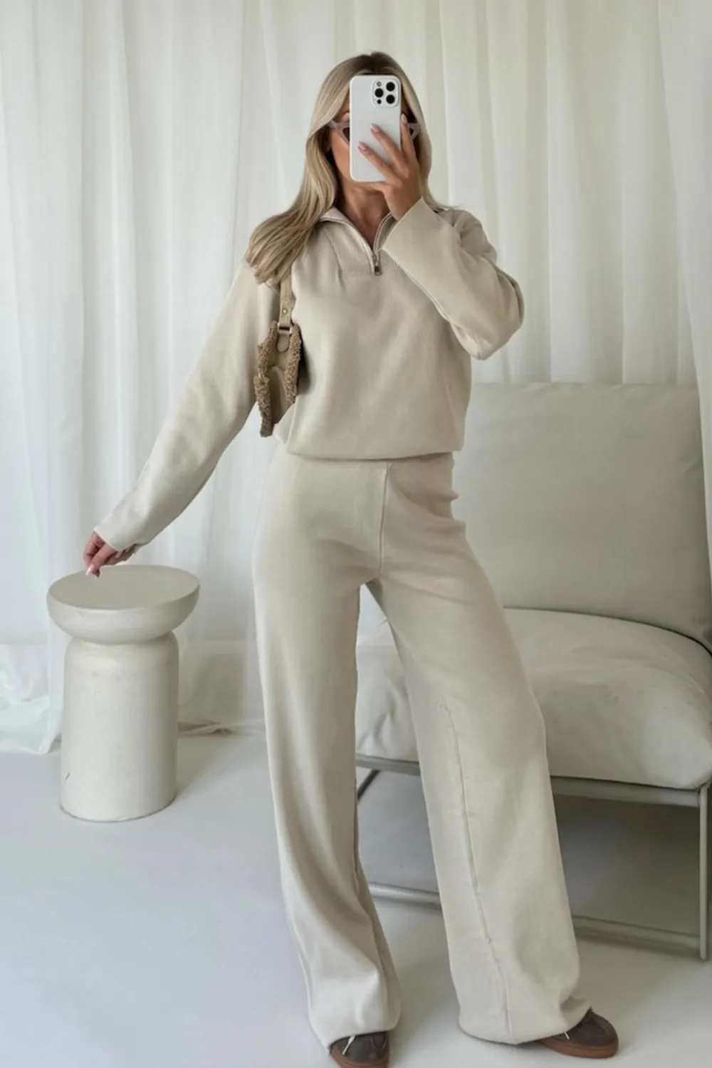 Demi cream 3/4 zip sweater straight leg knitted loungewear