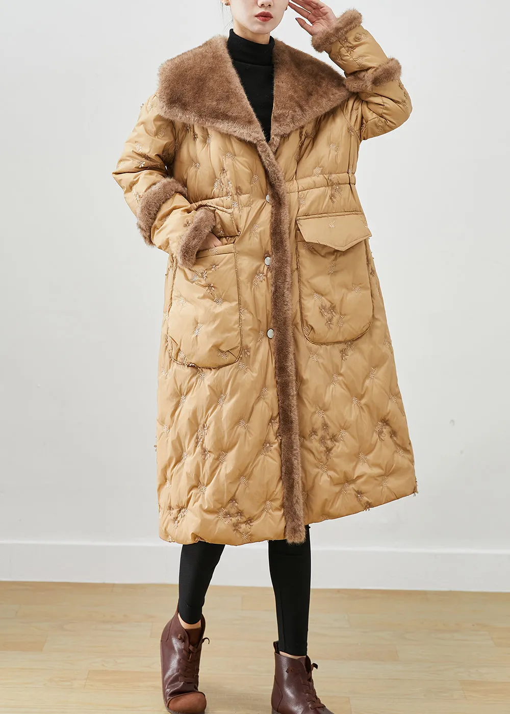 Fashion Khaki Embroideried Patchwork Mink Hair Duck Down Canada Goose Jacket Winter ML1926