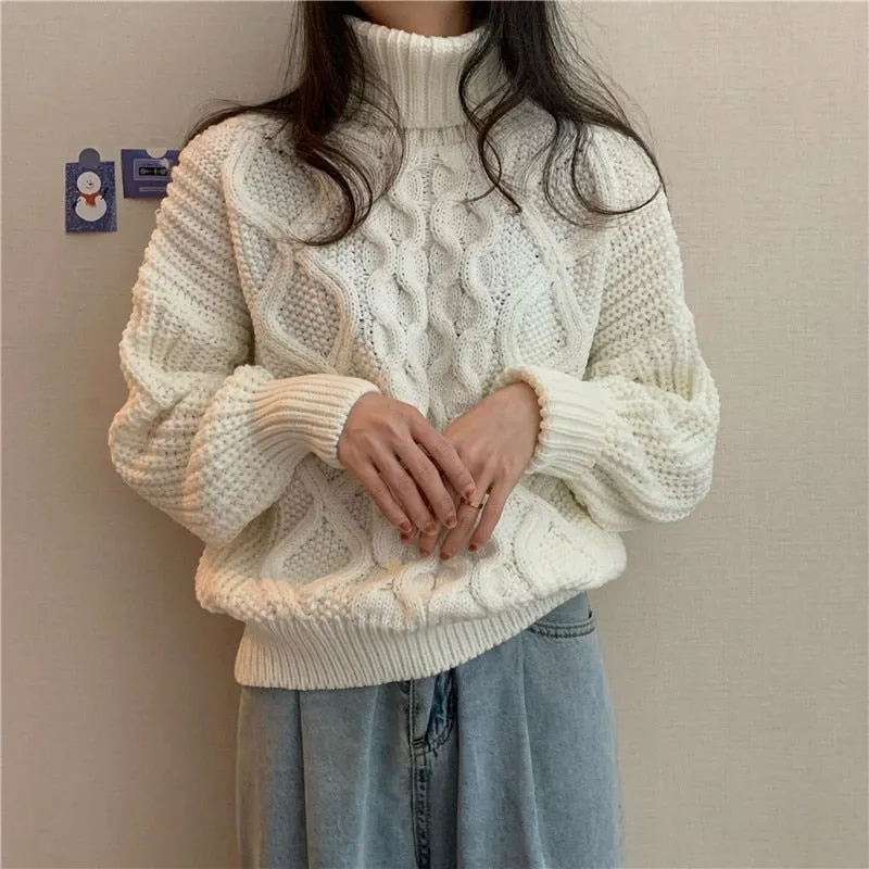 Fashionkova  2024 Thick Needle Twist Sweater Women Korean Vintage Cashmere Knitted Pullover Winter Turtle Neck Lazy Oaf Female Clothing