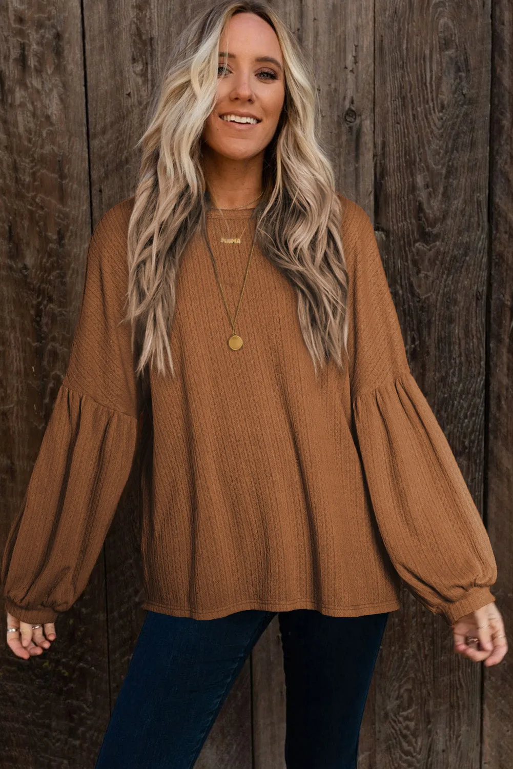 Faux Knit Jacquard Puffy Long Sleeve Top