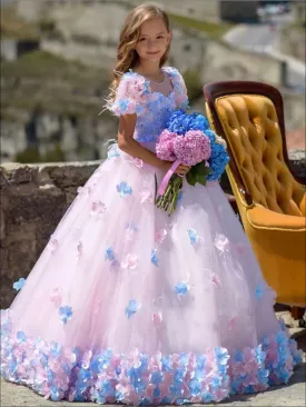 Girls Pink Puffy Sleeve Flower Applique Tulle Flower Girl Communion Gown