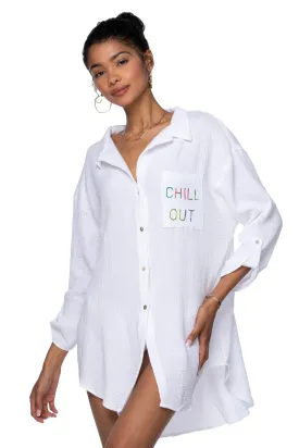 Good Vibes Cotton Gauze Shirt Mini Dress _ Chill Out Embroidery