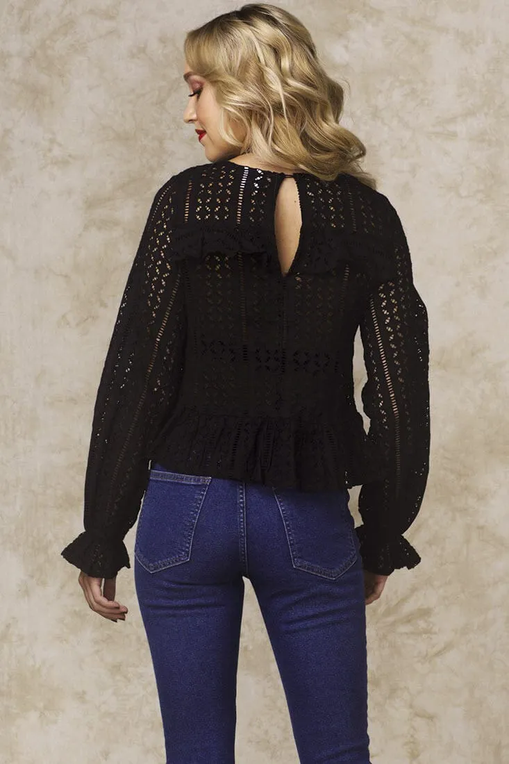 Gwendoline Mesh Long Sleeved Ruffled Shirt Black