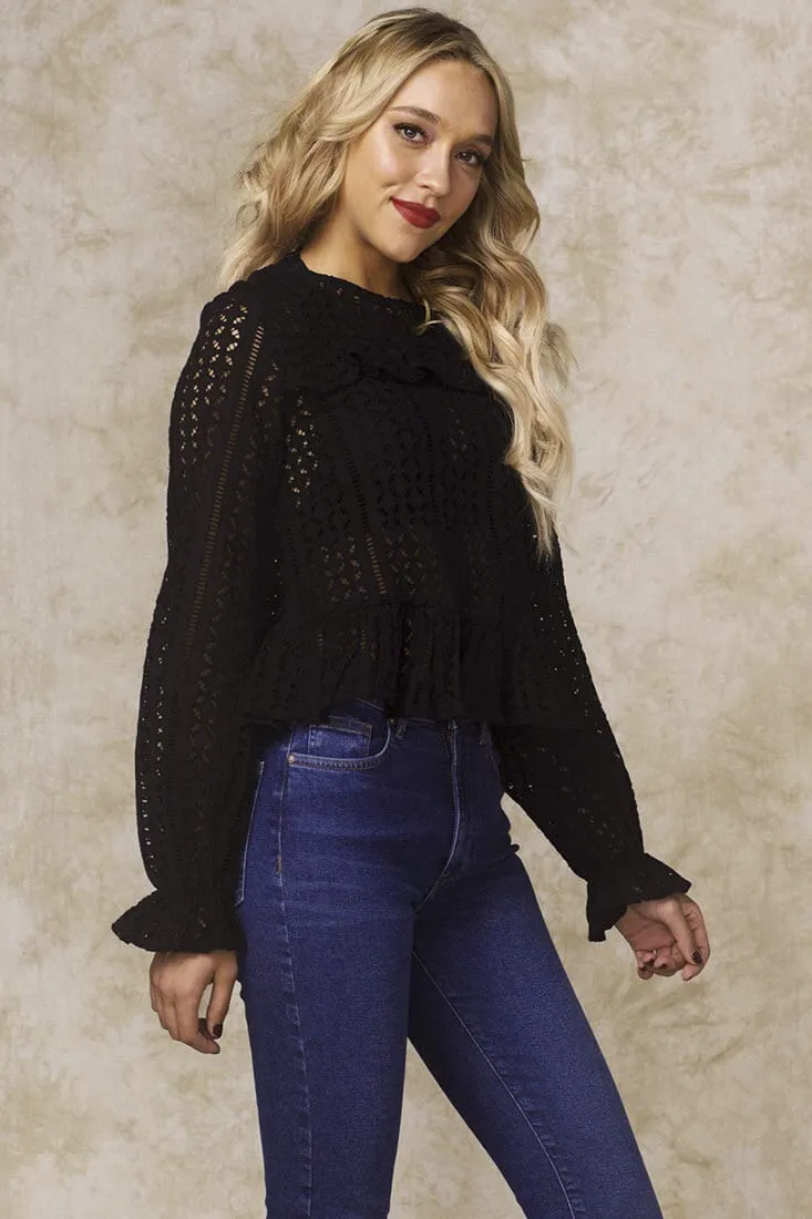 Gwendoline Mesh Long Sleeved Ruffled Shirt Black