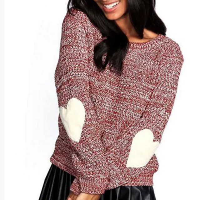 Heart elbow patch knitted pullover sweater