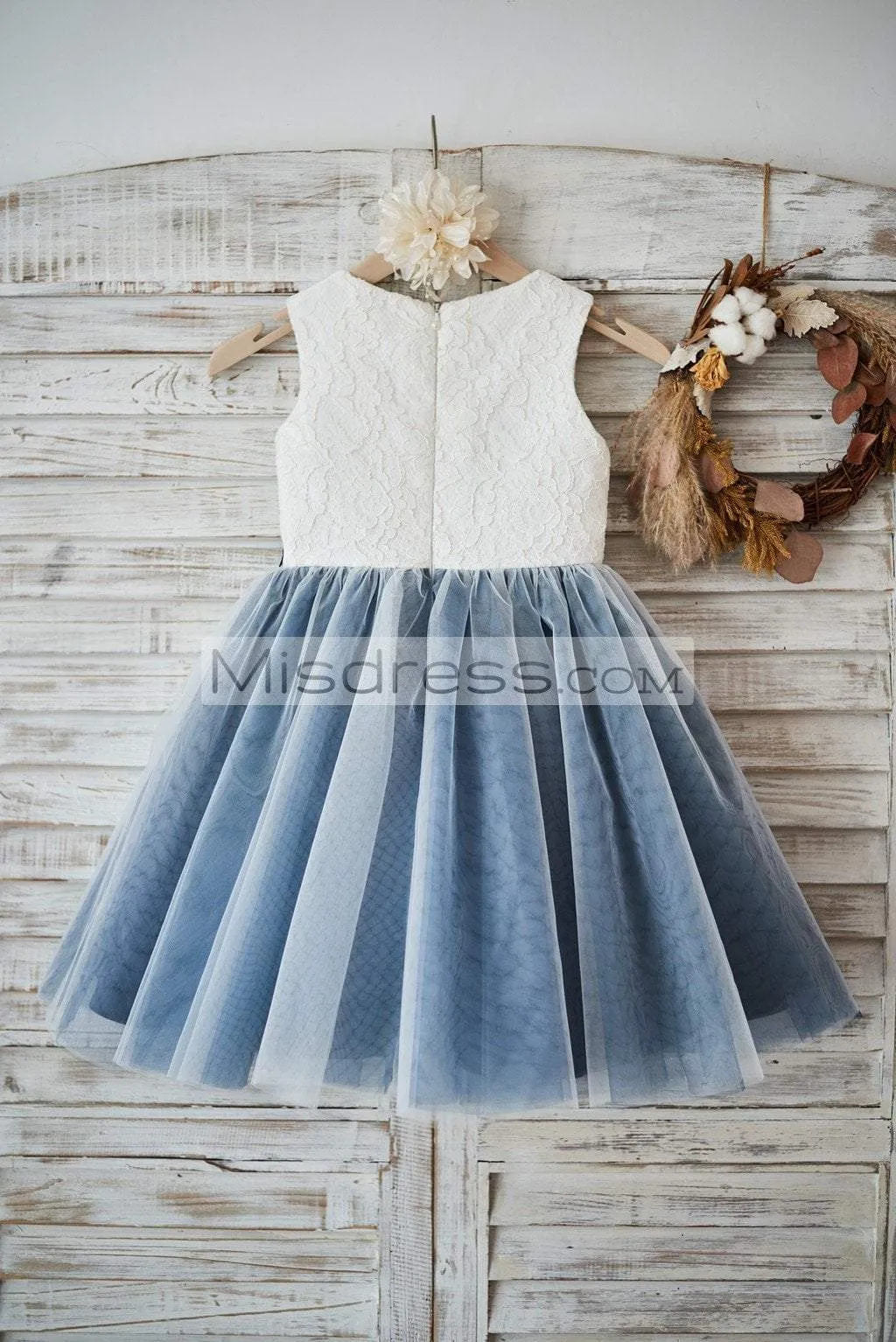 Ivory Lace Silver Gray Tulle Wedding Flower Girl Dress, Black Appliques