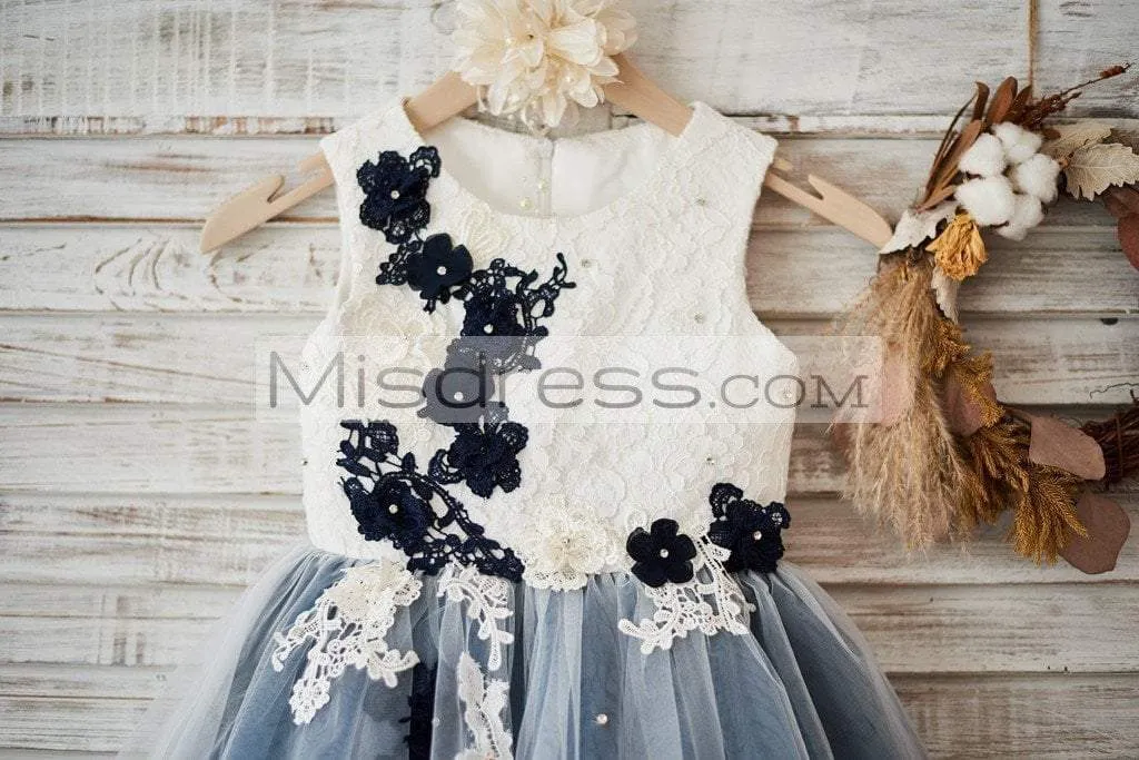 Ivory Lace Silver Gray Tulle Wedding Flower Girl Dress, Black Appliques