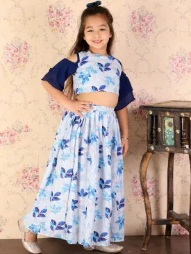 Jashvi Girl's Blue Printed Crop Top & Embellished Long Skirt Set