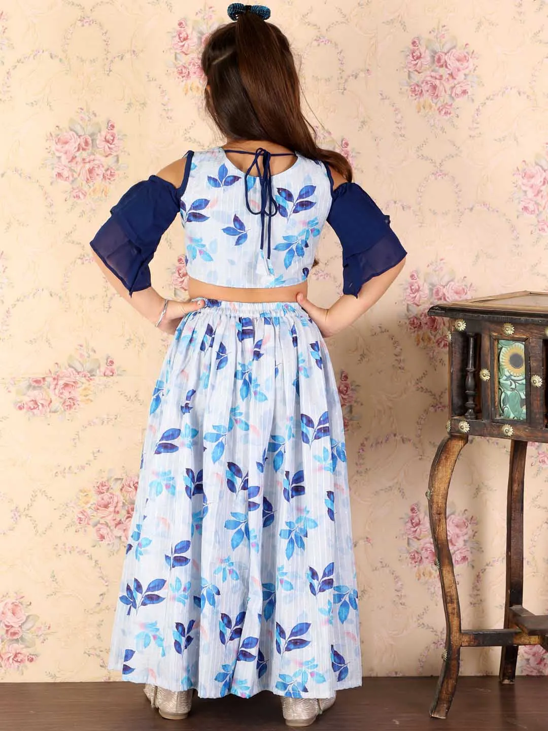 Jashvi Girl's Blue Printed Crop Top & Embellished Long Skirt Set