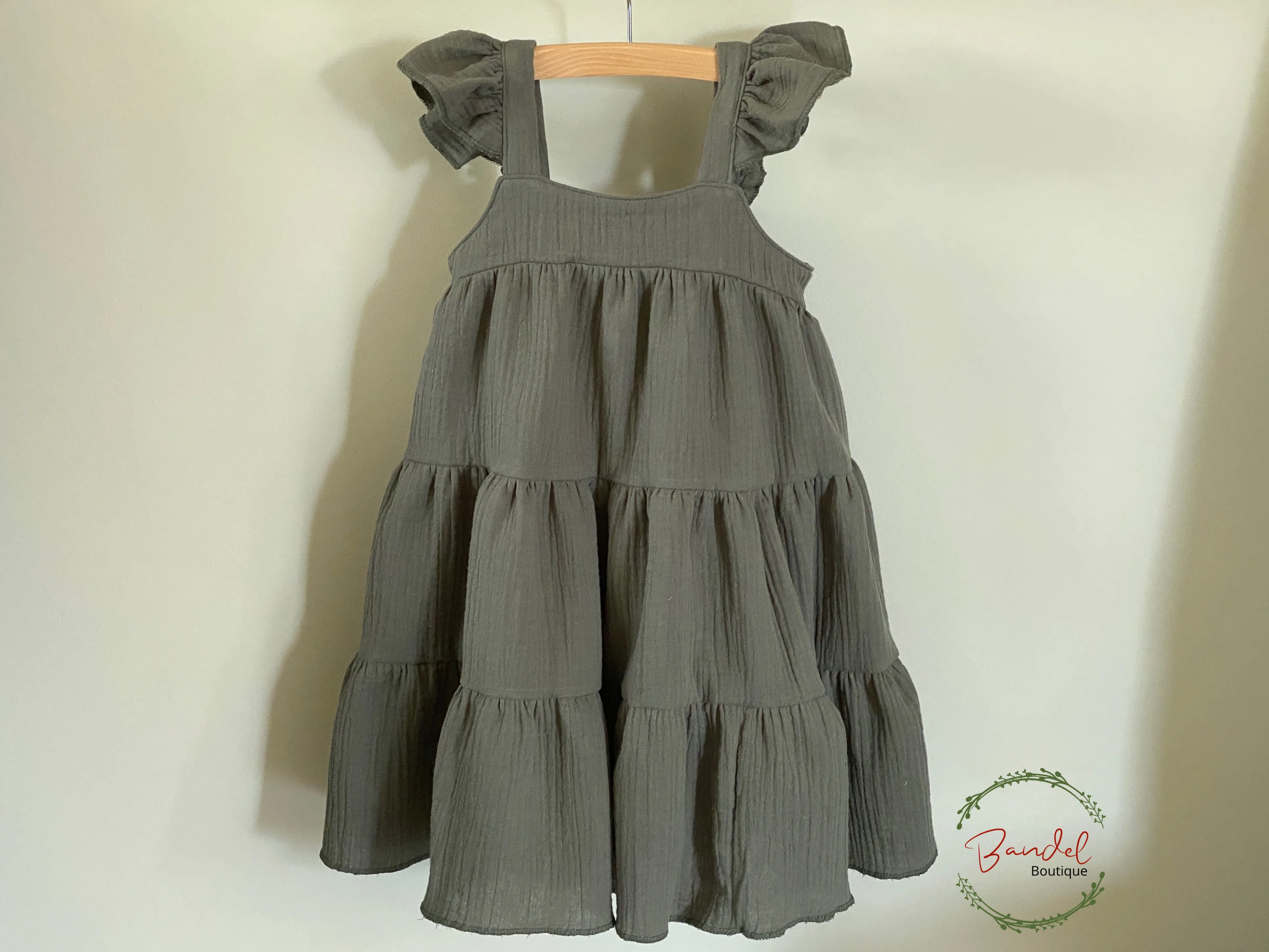 Khaki Green Double Gauze Flutters Sleeve Dress