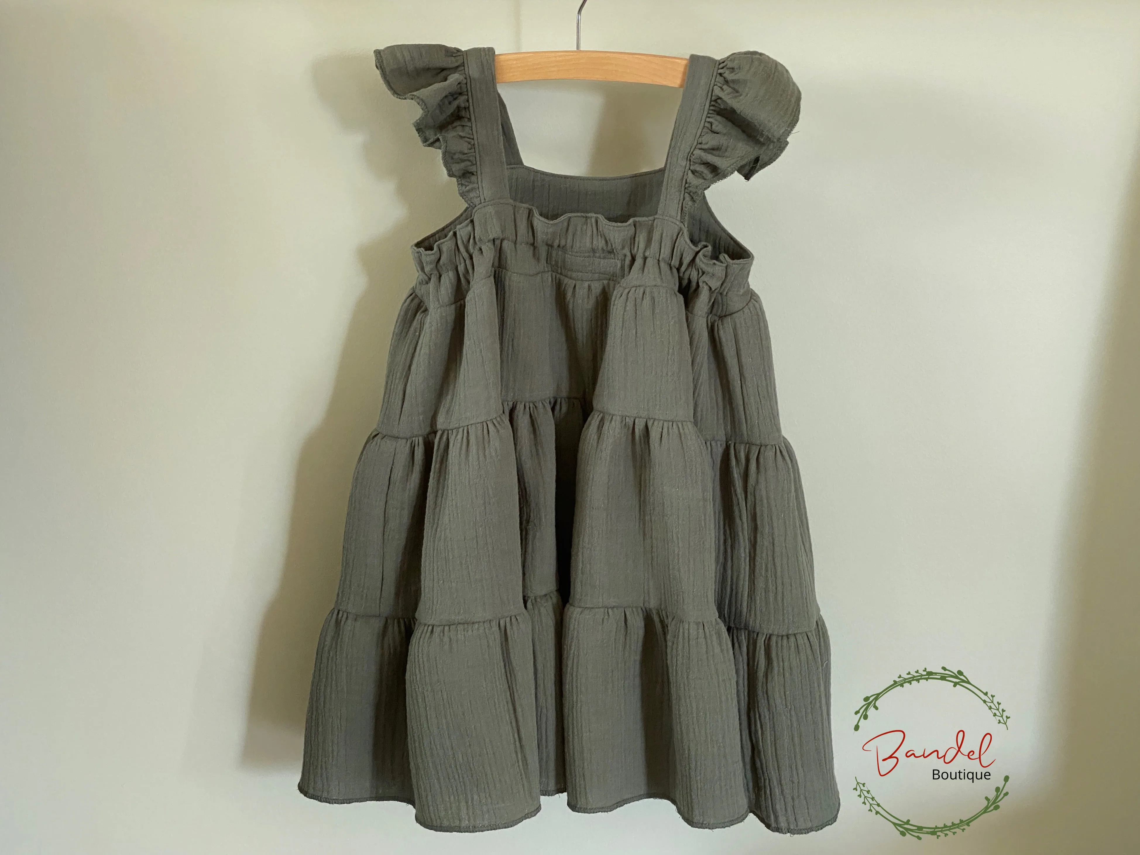 Khaki Green Double Gauze Flutters Sleeve Dress