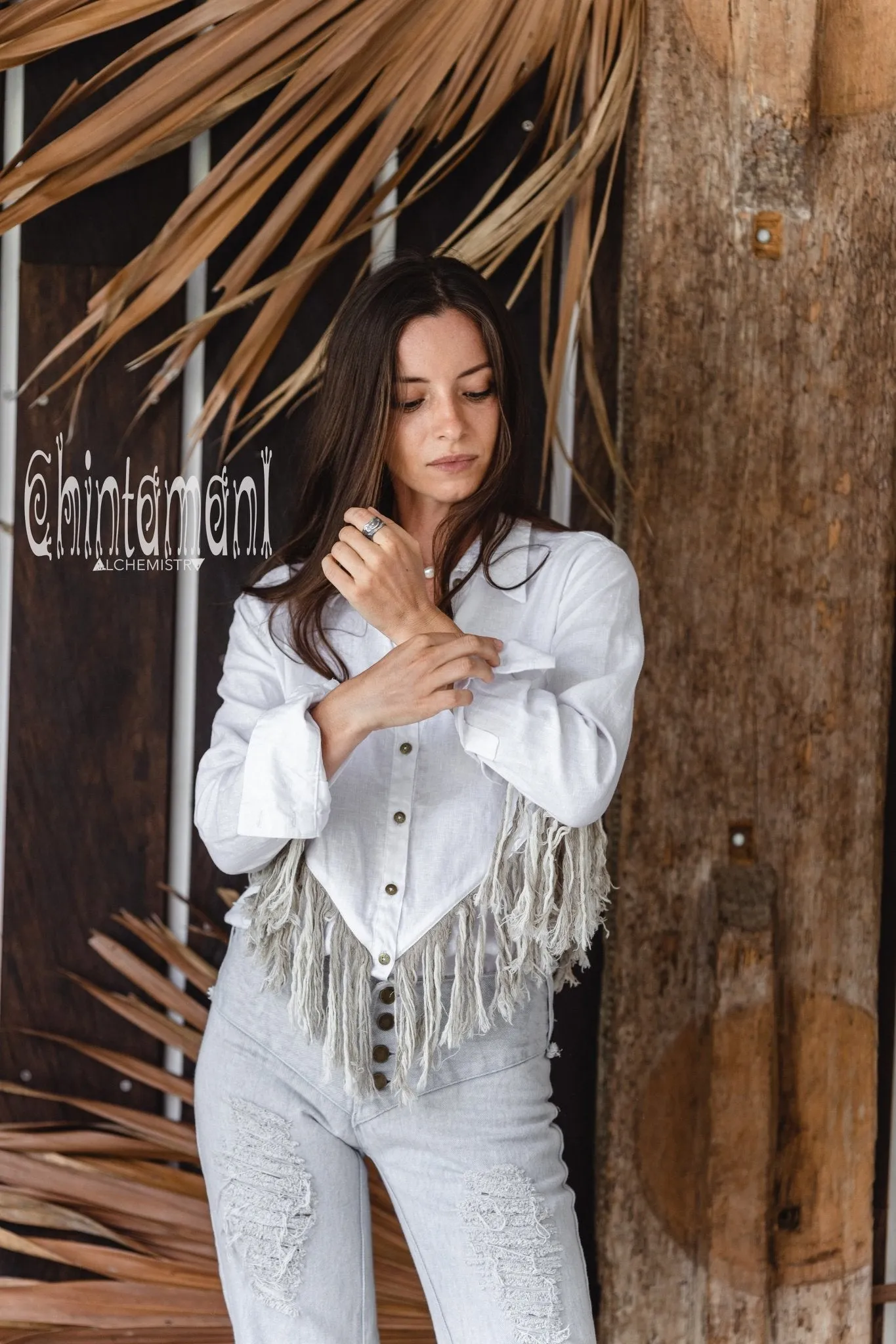 Linen Boho Button Shirt with Fringes / White