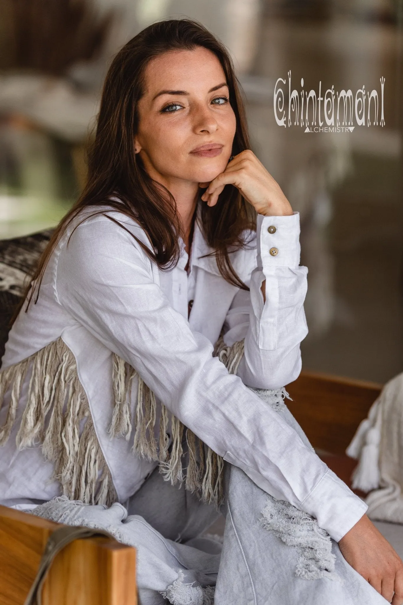 Linen Boho Button Shirt with Fringes / White