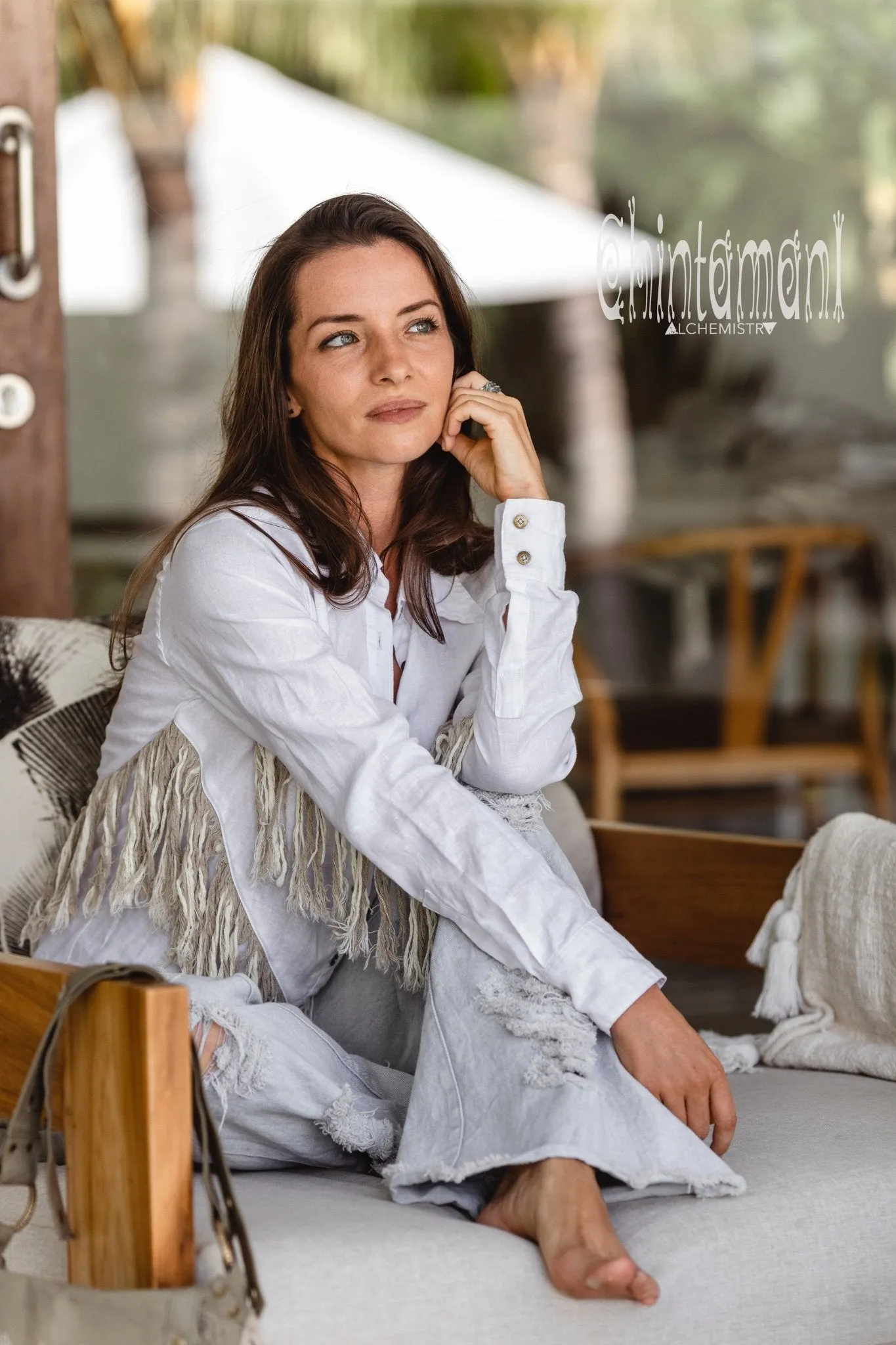 Linen Boho Button Shirt with Fringes / White