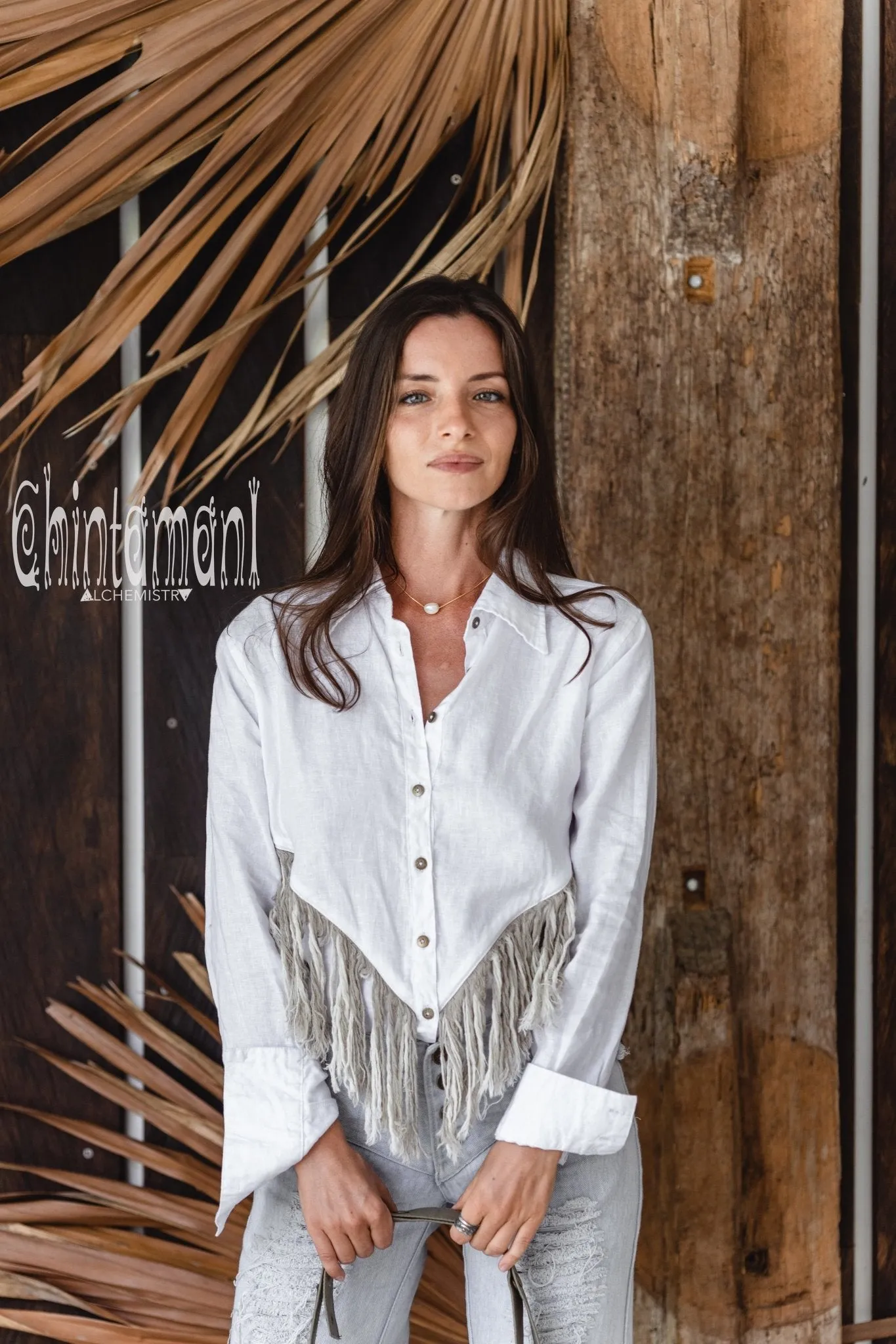 Linen Boho Button Shirt with Fringes / White