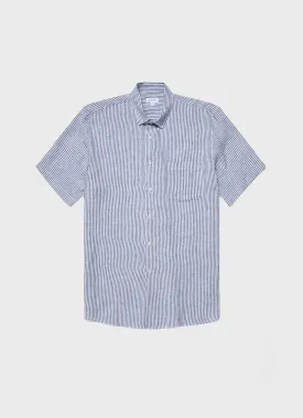 Men's Short Sleeve Linen Shirt in Navy/White Classic Stripe