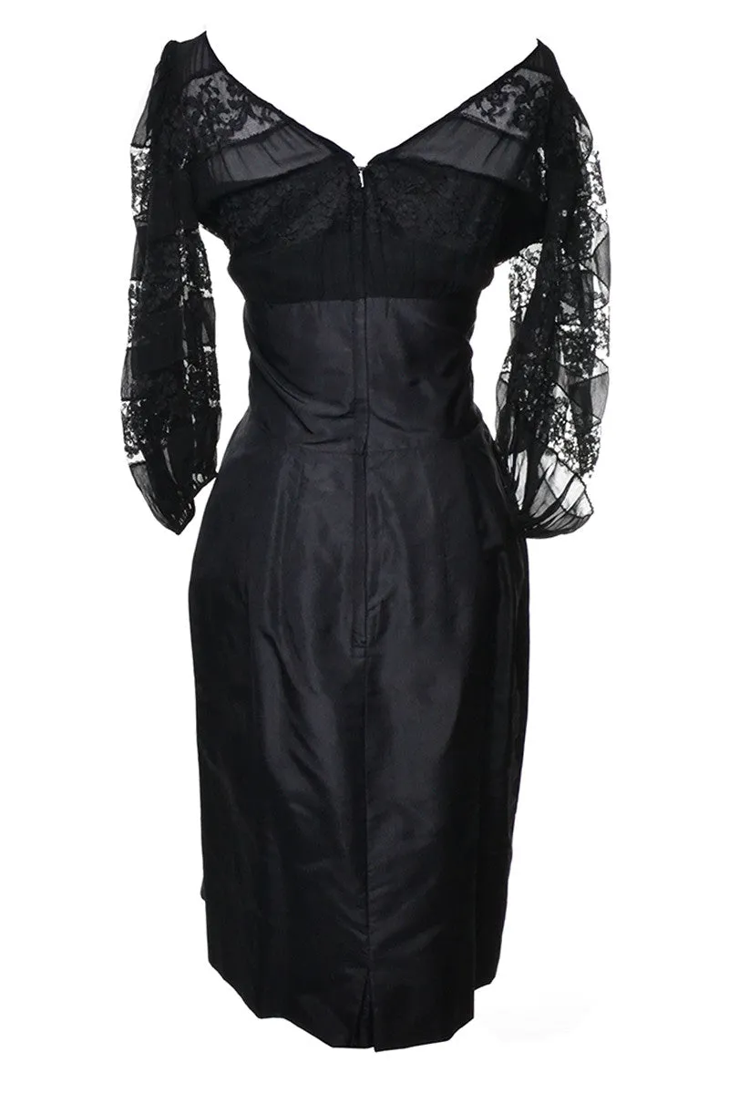 Mid Century Black Vintage Dress with Puffy Lace Sleeves