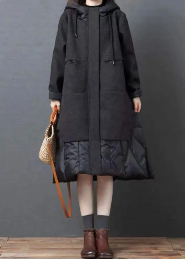 New Black Hooded Pockets Patchwork Thick Woolen Long Coat Winter ML1181