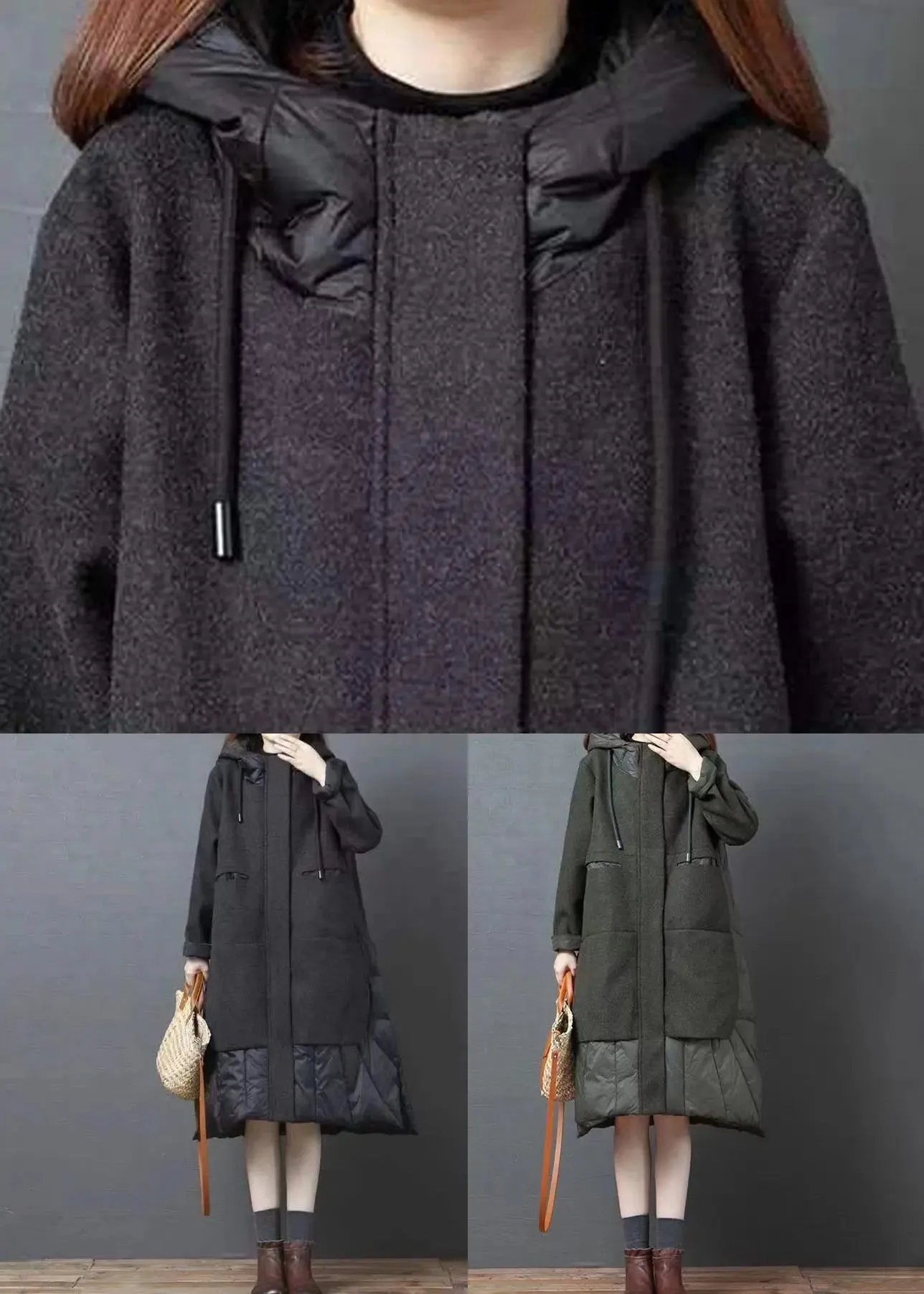 New Black Hooded Pockets Patchwork Thick Woolen Long Coat Winter ML1181