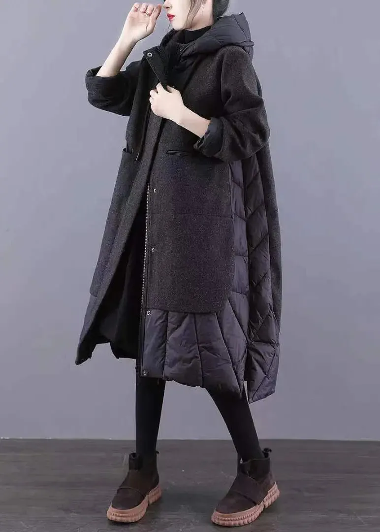 New Black Hooded Pockets Patchwork Thick Woolen Long Coat Winter ML1181