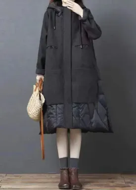 New Black Hooded Pockets Patchwork Thick Woolen Long Coat Winter ML1181