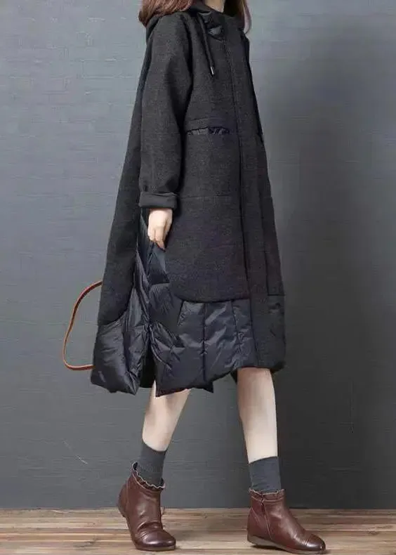 New Black Hooded Pockets Patchwork Thick Woolen Long Coat Winter ML1181